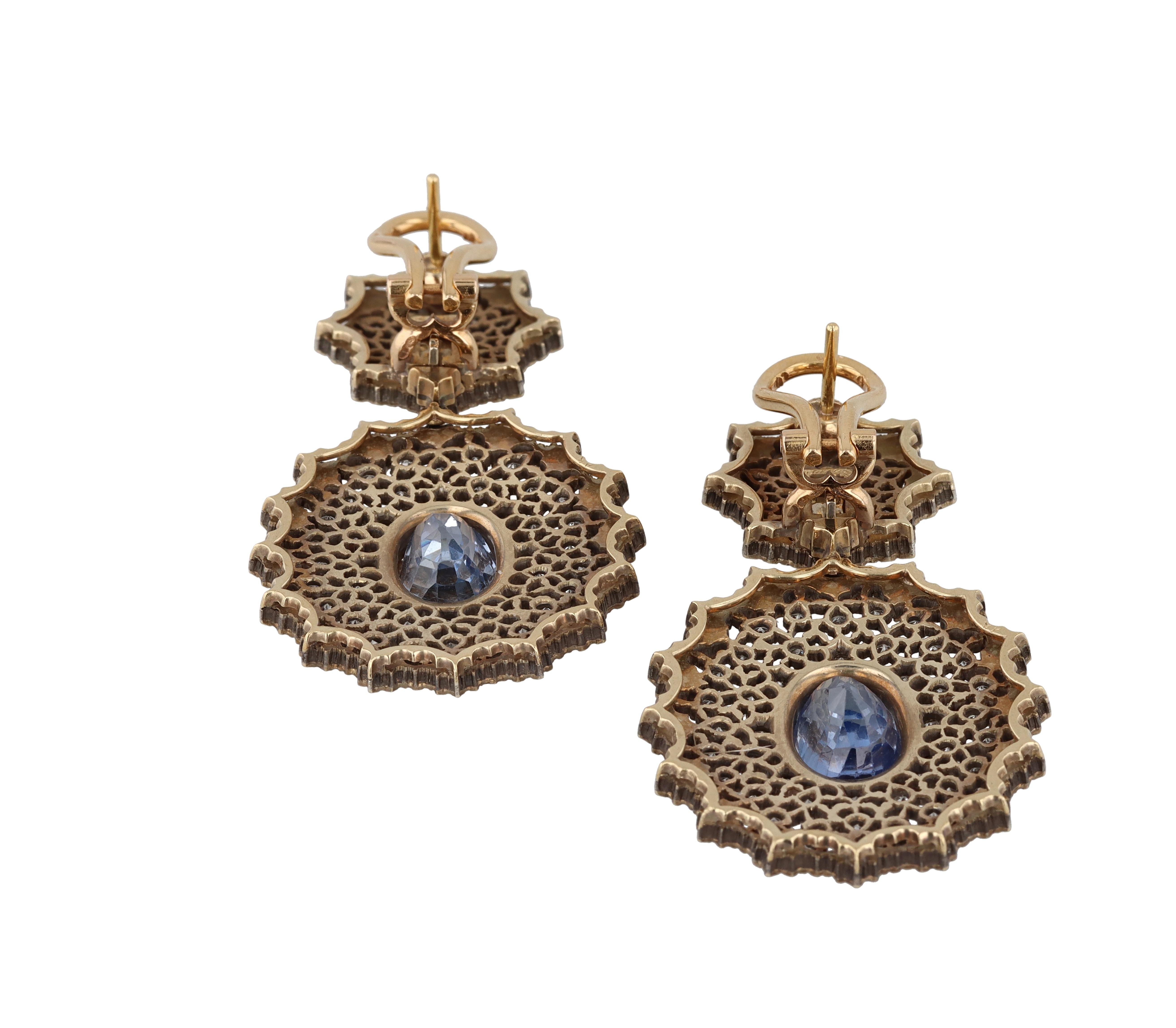 Gianmaria Buccellati Sapphire and Diamond Textured Gold and Silver Earrings For Sale 1
