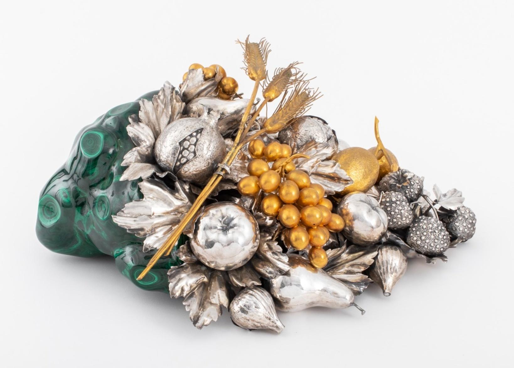 Gianmaria Buccellati (Italian, 1929-2015) silver and malachite centerpiece, in the form of a cornucopia issuing harvest fruits, the whole with leaves, grape clusters, pears, apples, pomegranates, figs, lemons, and strawberries with wheat sheaves,