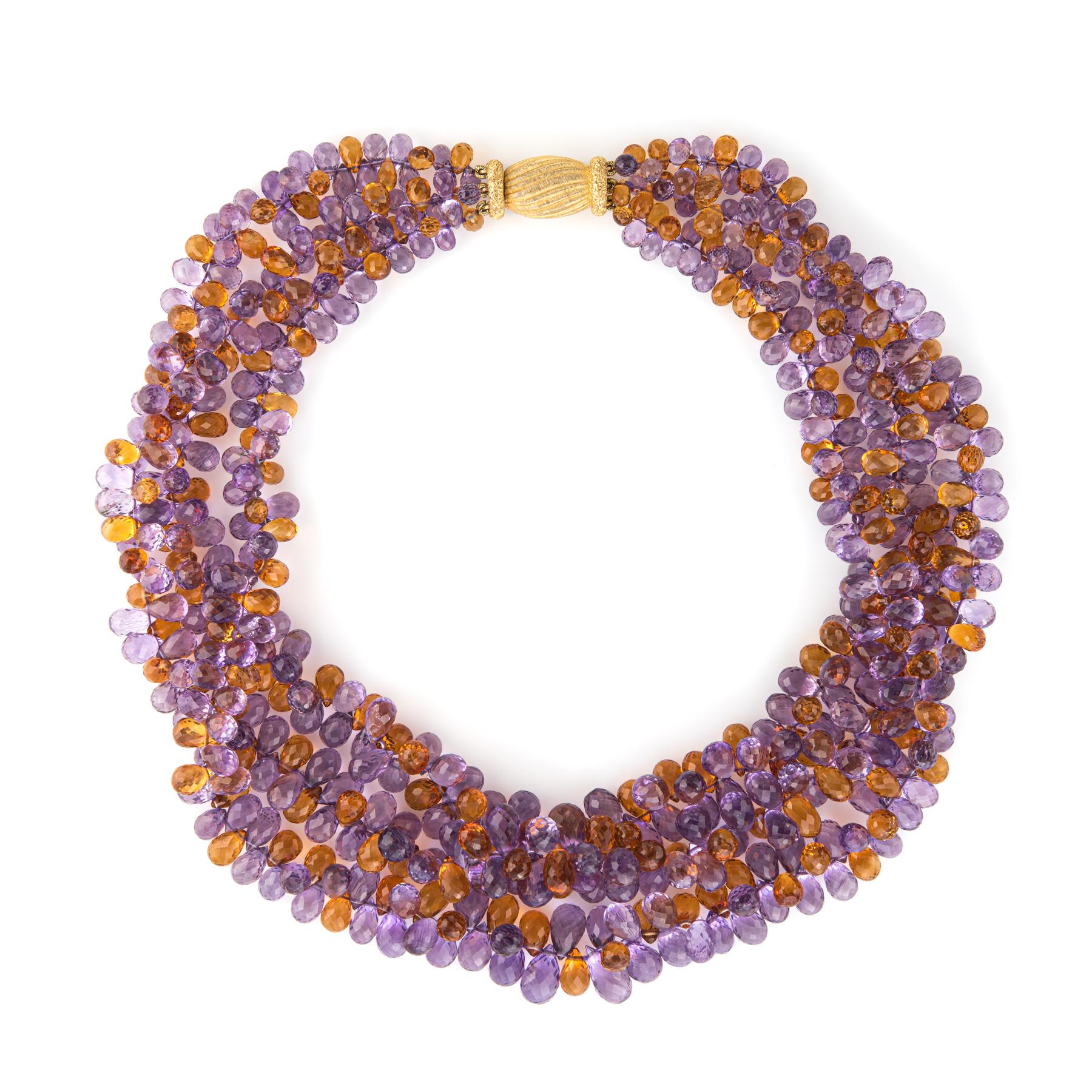 Briolette Cut Gianmaria Buccellati Torsade Necklace Amethyst Citrine 18k Gold Gemstone Vintage For Sale