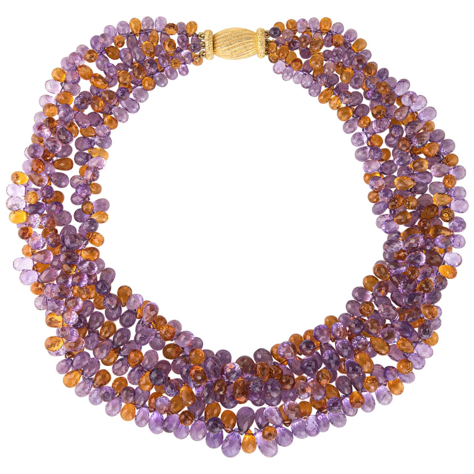 Gianmaria Buccellati Collier torsadé vintage en or 18 carats avec améthyste, citrine et pierre précieuse