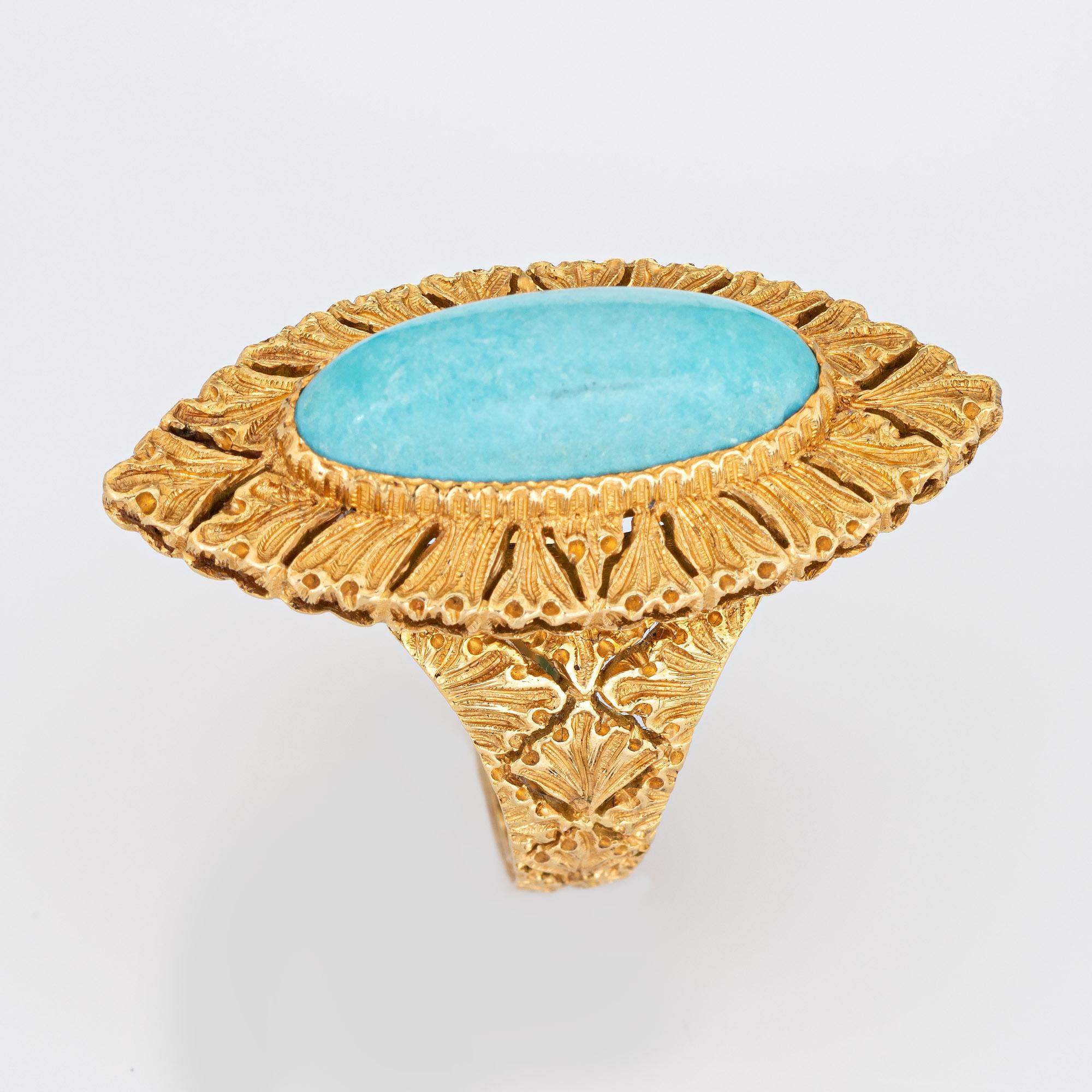 Stylish vintage Buccellati turquoise ring crafted in 18 karat yellow gold. 

Cabochon cut turquoise measures 18mm x 8mm (estimated at 6 carats). The turquoise is in very good condition and free of cracks or chips. 

Designed by the famed Gianmaria