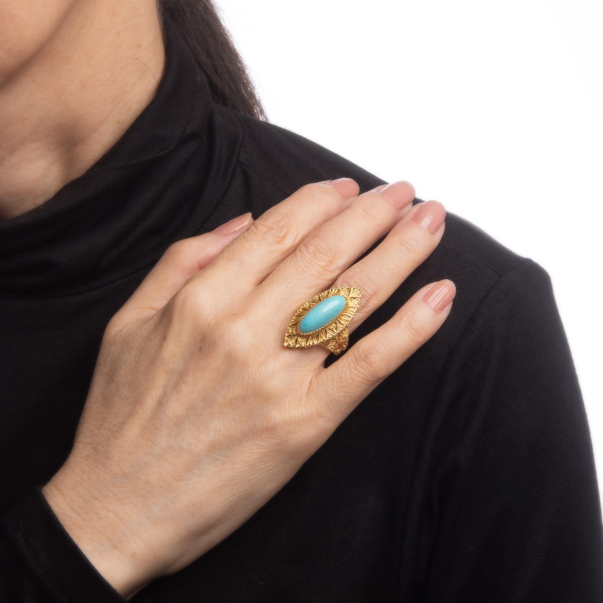 Gianmaria Buccellati Turquoise Ring Vintage 18k Yellow Gold Sz 6 Navette  In Good Condition In Torrance, CA