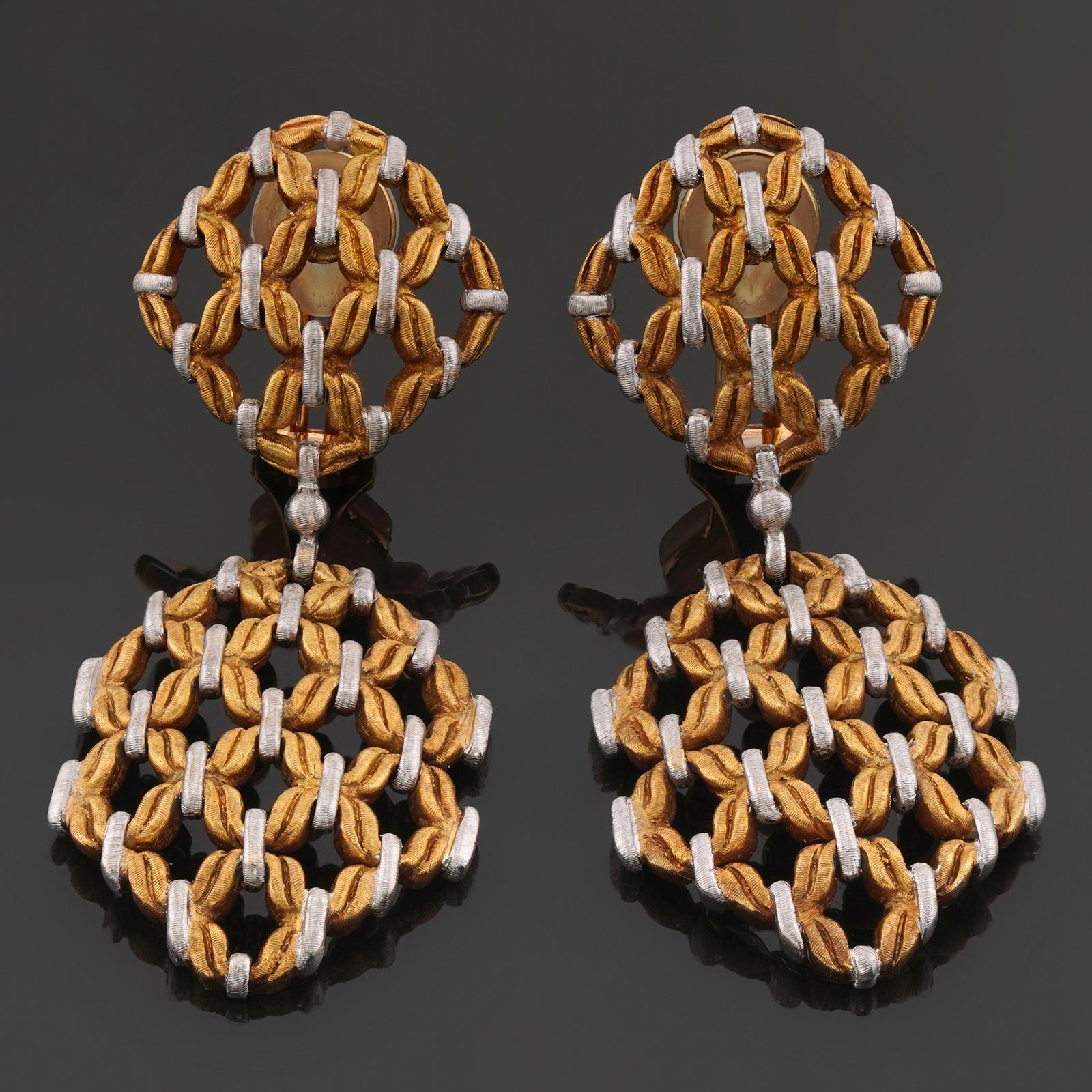 These chic Gianmaria Buccellati drop earrings feature a geometric woven design crafted in 18k white and yellow gold. Made in Italy circa 1980s. Measurements: 1.02