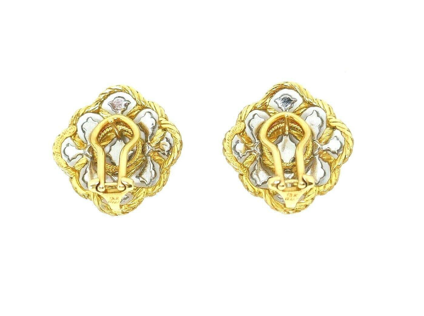 Airy and lacy earrings signed by Gianmaria Buccellati (the son of Mario Buccellati; together they formed the Buccellati brand). Made of braided yellow gold and filigreed white gold, both 18 karats.  
Measurements: 1