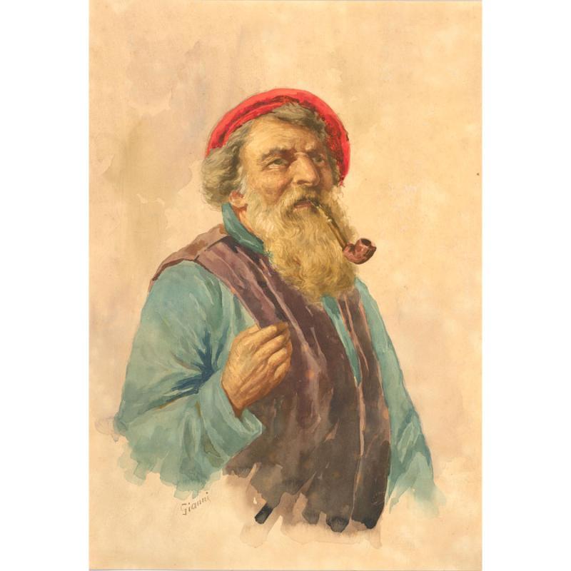 Gianni - Early 20th Century Watercolour, Man with Pipe For Sale 1