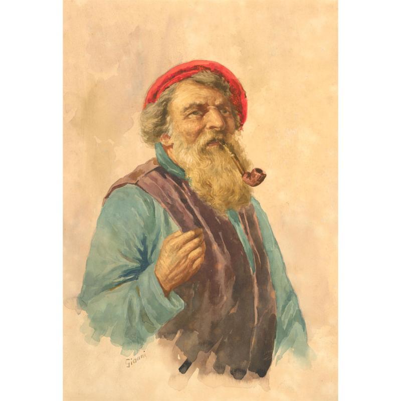 Gianni - Early 20th Century Watercolour, Man with Pipe