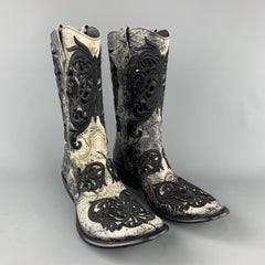 GIANNI BARBATO Size 8 Black & White Embroidery Leather Pull On Boots