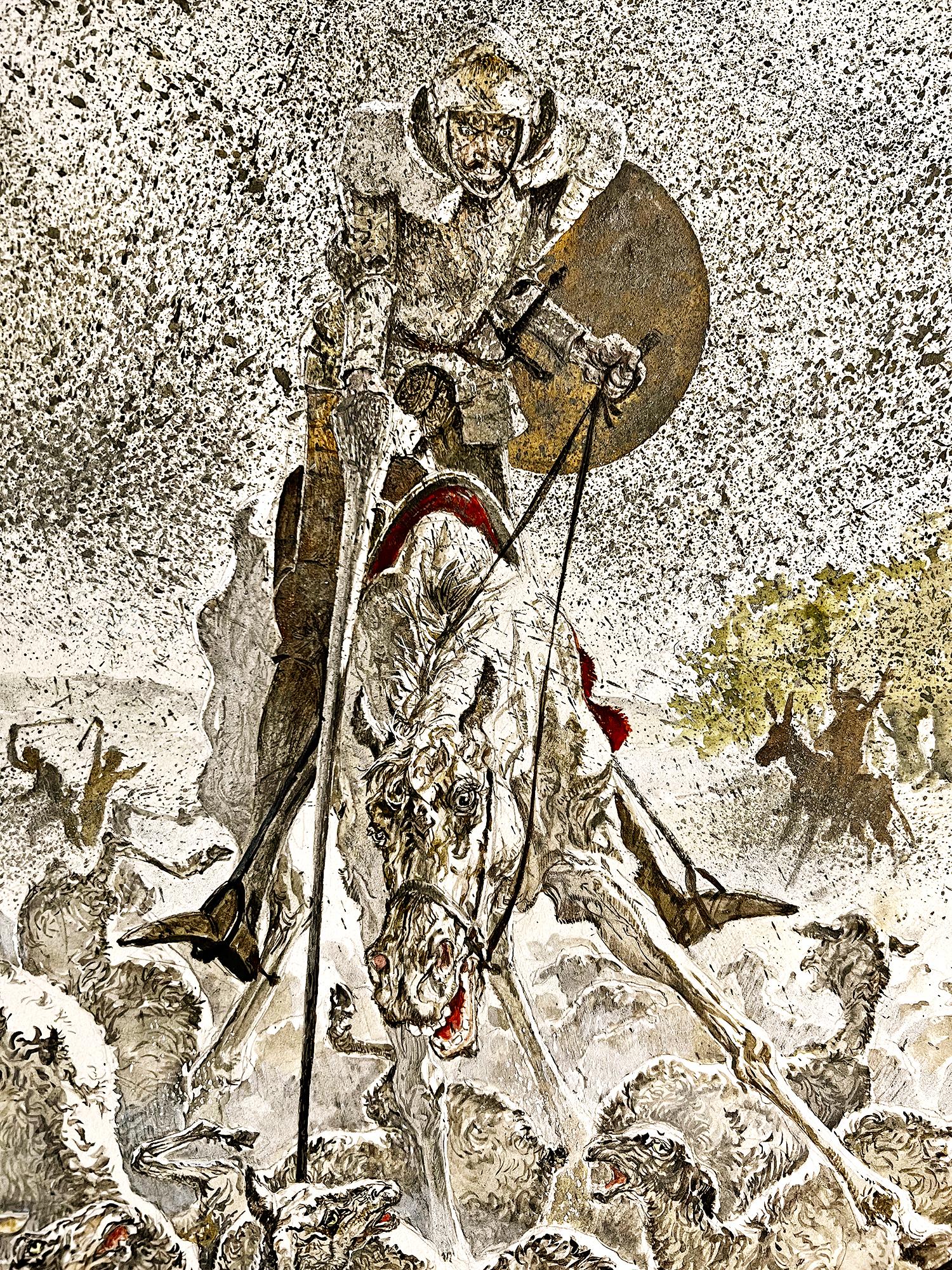 Don Quijote -  Noble a caballo con oveja  - Pintura de acción - Painting de Gianni Benvenuti