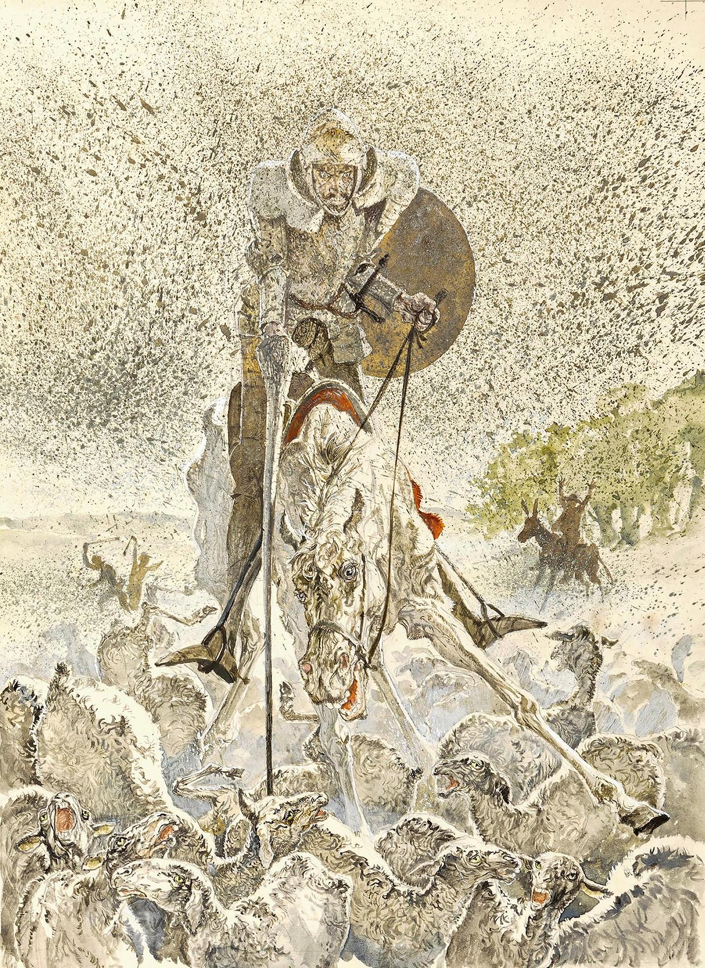 Gianni Benvenuti Animal Painting - Don Quixote -  Nobleman on Horse with Sheep  - Action Painting 