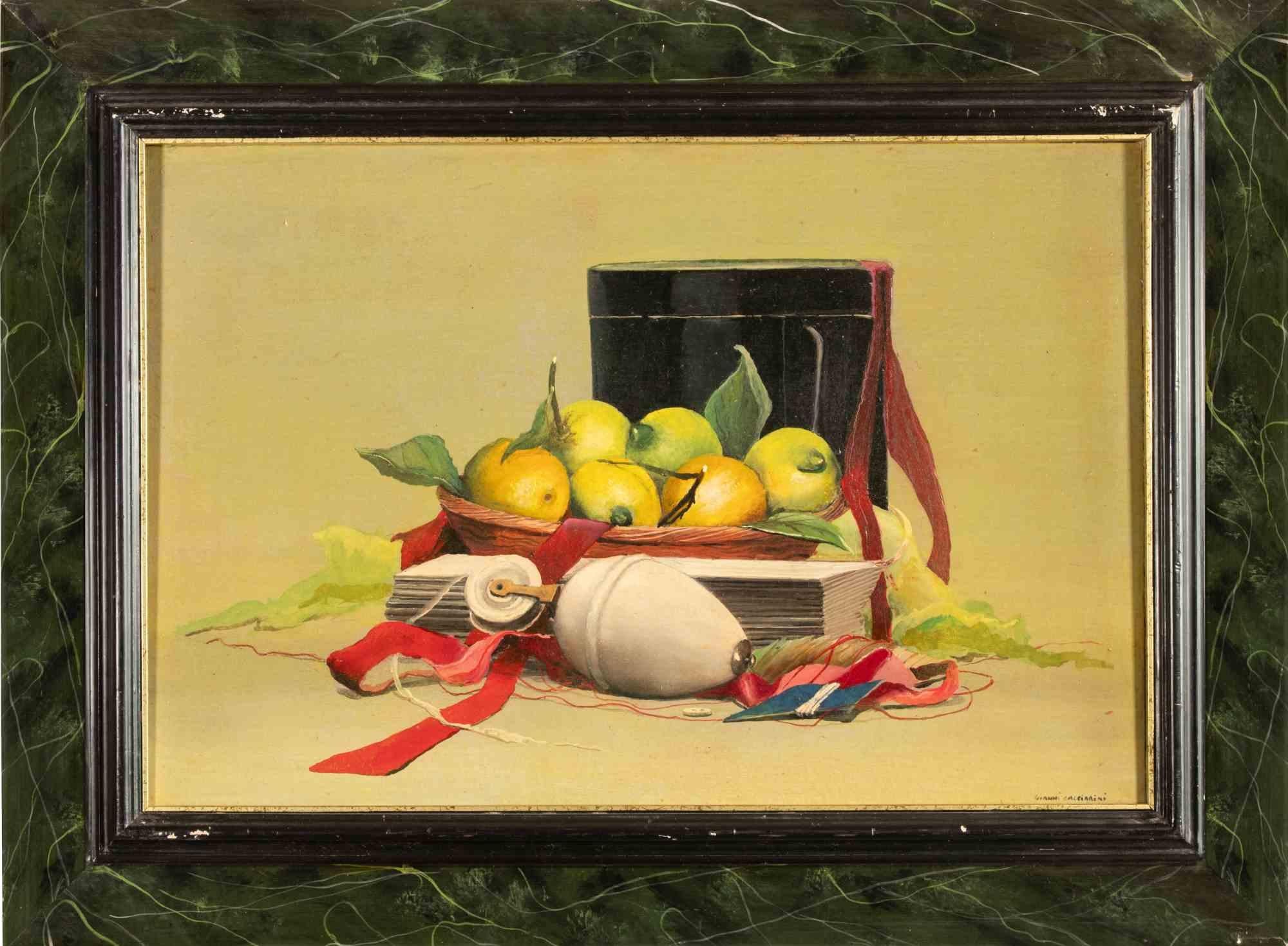 Nature morte aux rubans - Peinture à l'huile par Gianni Cacciarini - années 1970