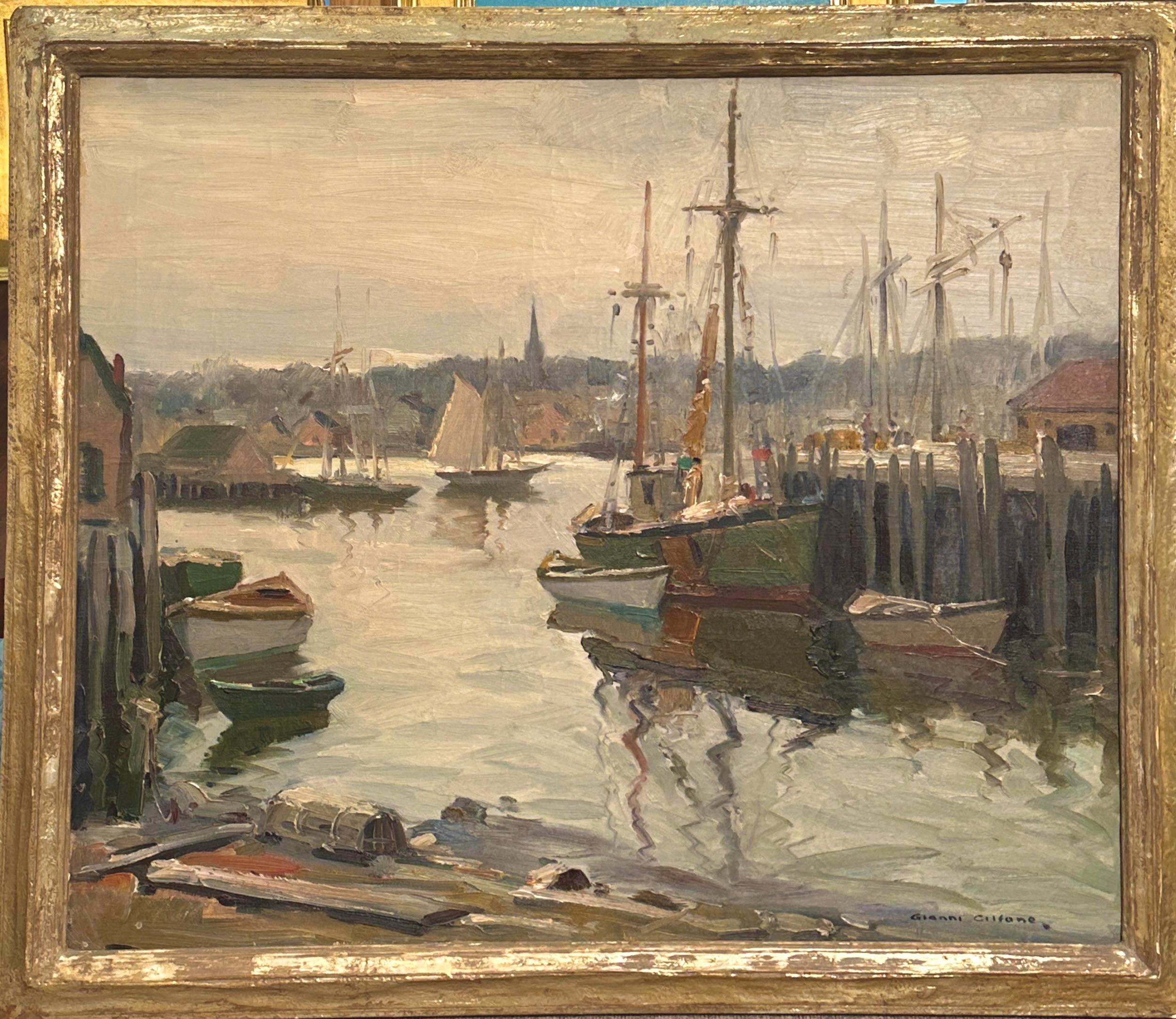 Scène du port de Gloucester, peinture à l'huile originale signée Gianni Cilfone en vente 1