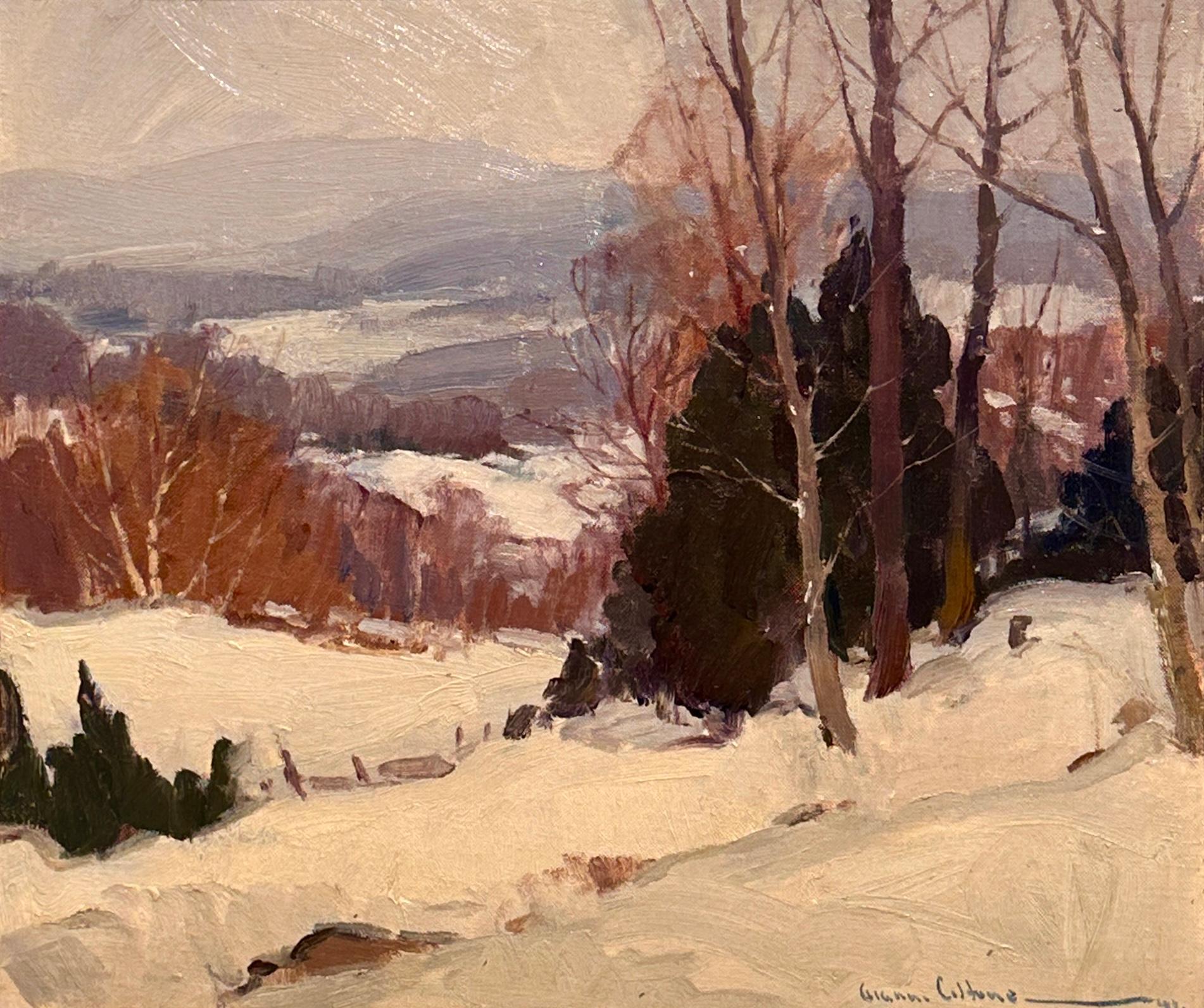Größe des Gemäldes ohne Rahmen: 14 "x16"
Größe des Gemäldes mit Rahmen: 18 "x20"

Gianni Cilfone (1908-1992) fängt die heitere Stille einer verschneiten Landschaft ein und verleiht dieser zeitlosen Szene aus Neuengland mit seinem Pinselstrich eine