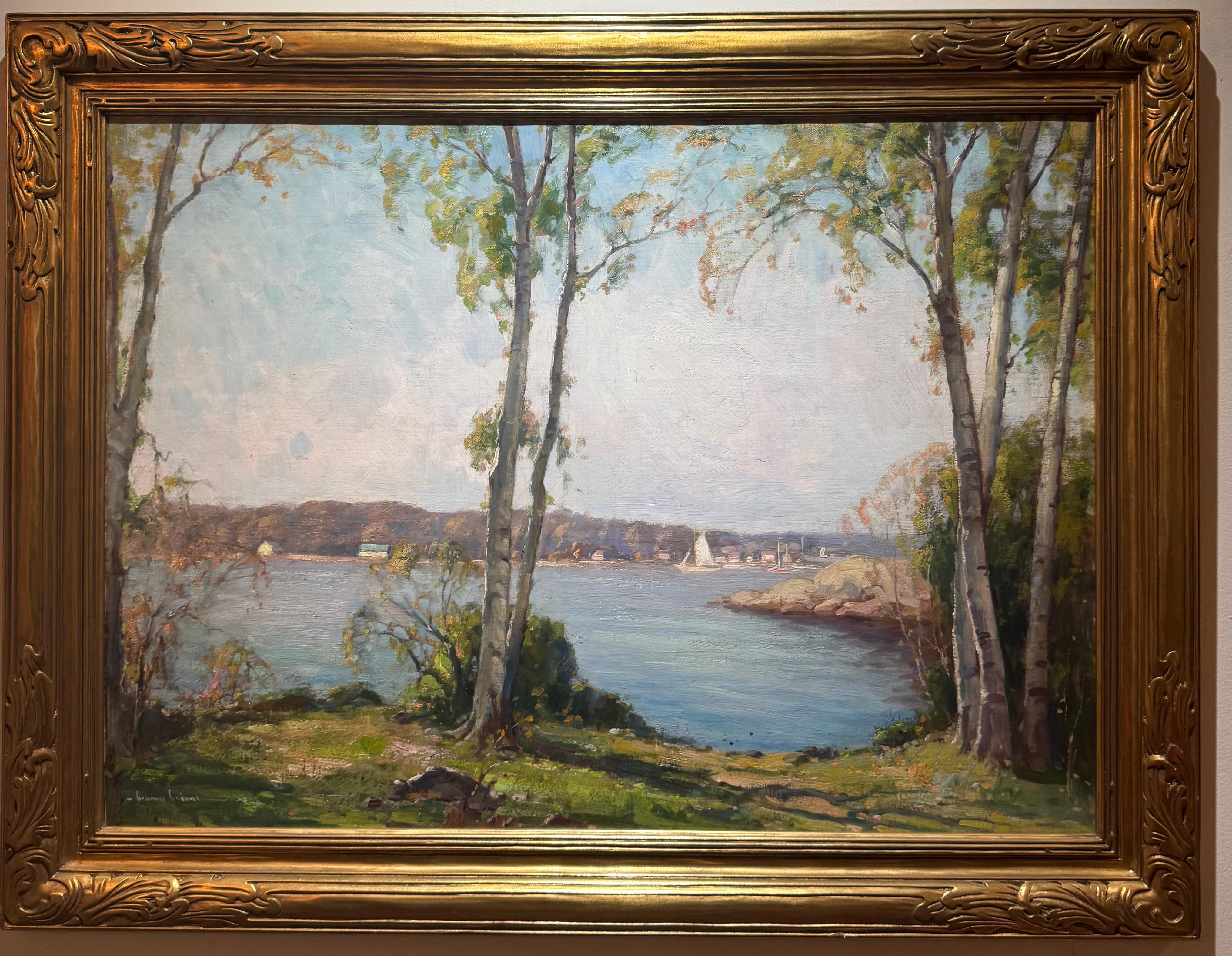 Large PIGEON COVE Rockport Massachusetts IMPRESSIONIST Sailboat Painting - Gris Landscape Painting par Gianni Cilfone