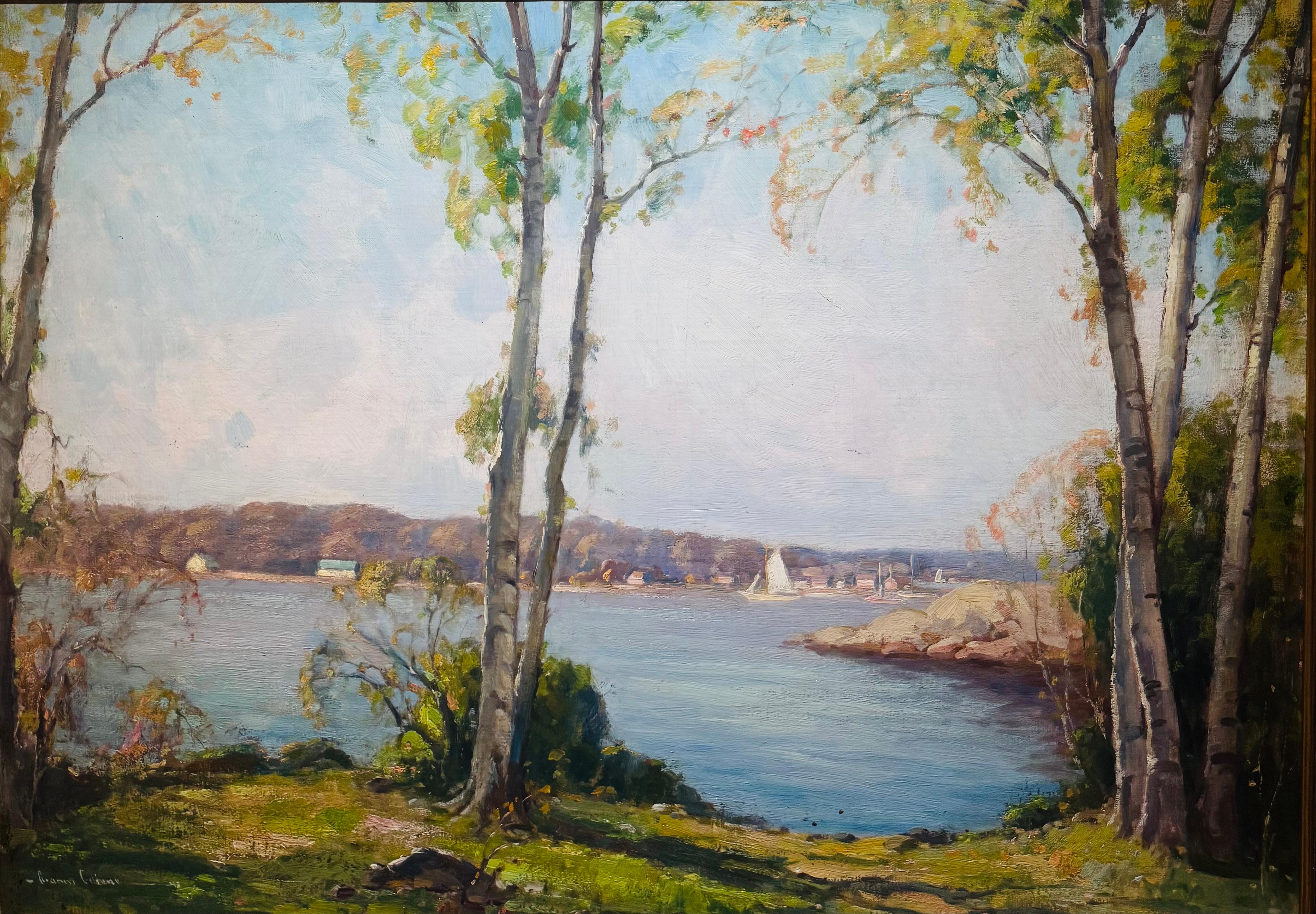 Large PIGEON COVE Rockport Massachusetts IMPRESSIONIST Sailboat Painting en vente 1
