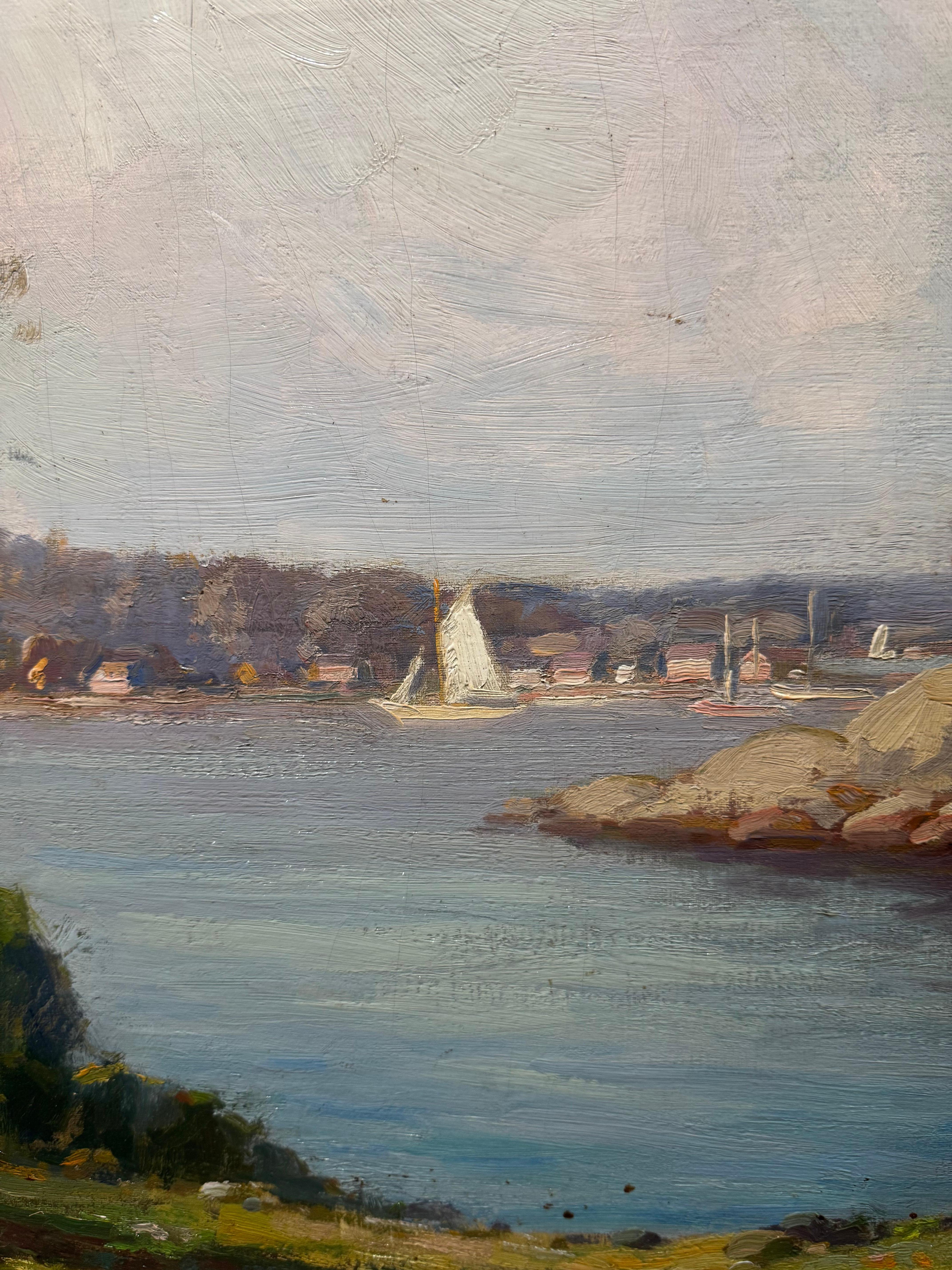 Large PIGEON COVE Rockport Massachusetts IMPRESSIONIST Sailboat Painting en vente 3