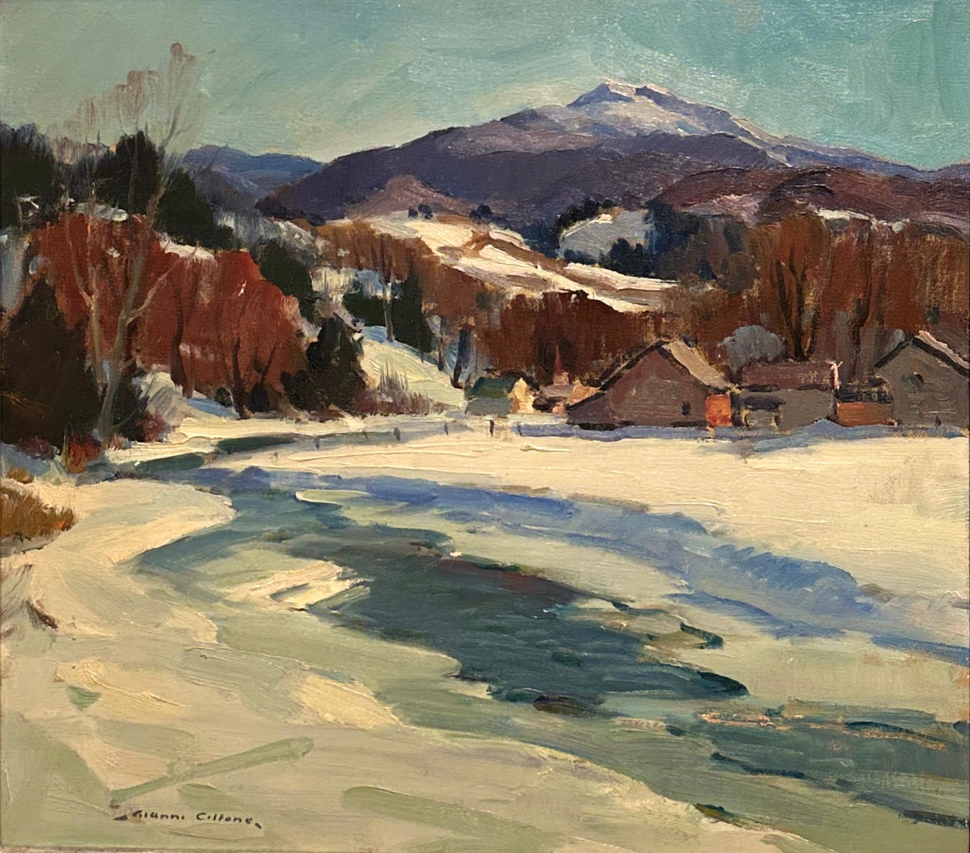 A serene winter landscape by Gianni Cilfone portraying a snow-covered New England countryside set against distant mountains. Painted in oil with confident brushwork, the composition captures the quiet beauty of winter light, with cool blues and