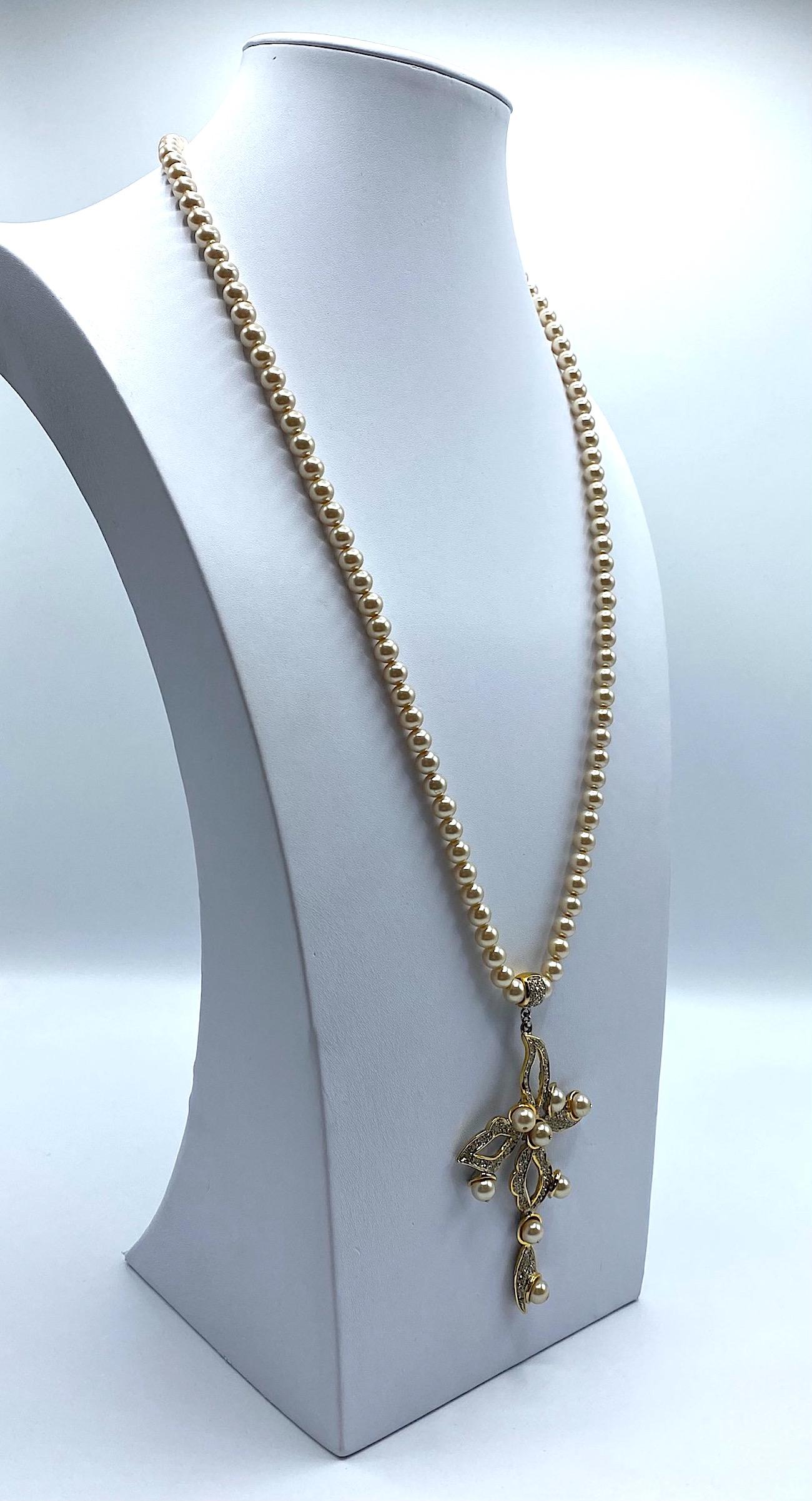 Gianni De Liguoro 1980s Gold, Rhinestone &  Pearl Cross Pendant Necklace 1