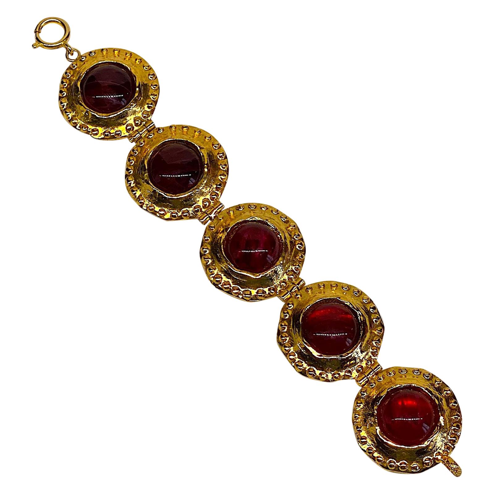 Gianni De Liguoro Byzantine Style Gold & Red Cabochon Bracelet, 1980s