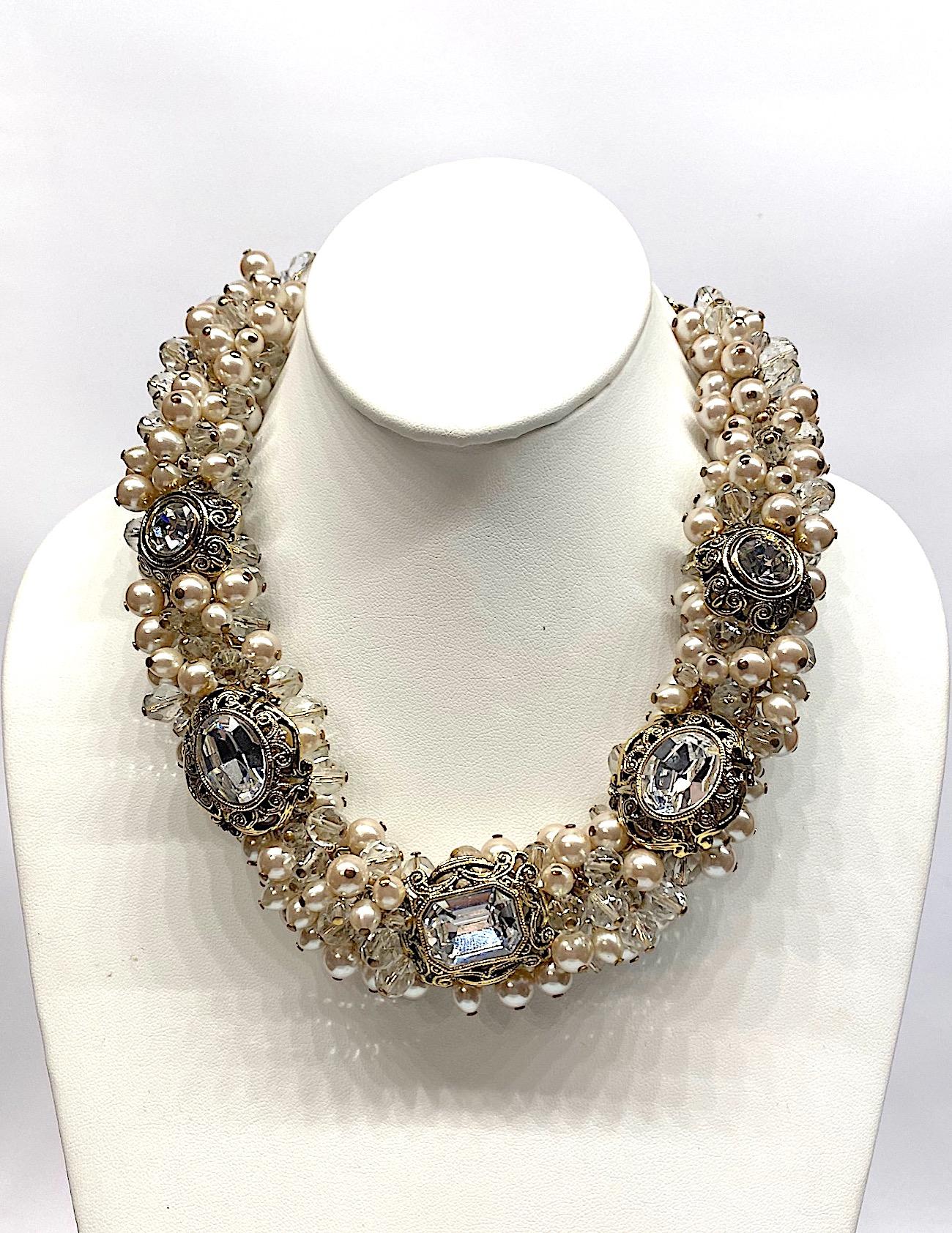 Gianni De Liguoro Crystal, Pearl bead and Rhinestone 1980s Necklace In Good Condition In New York, NY