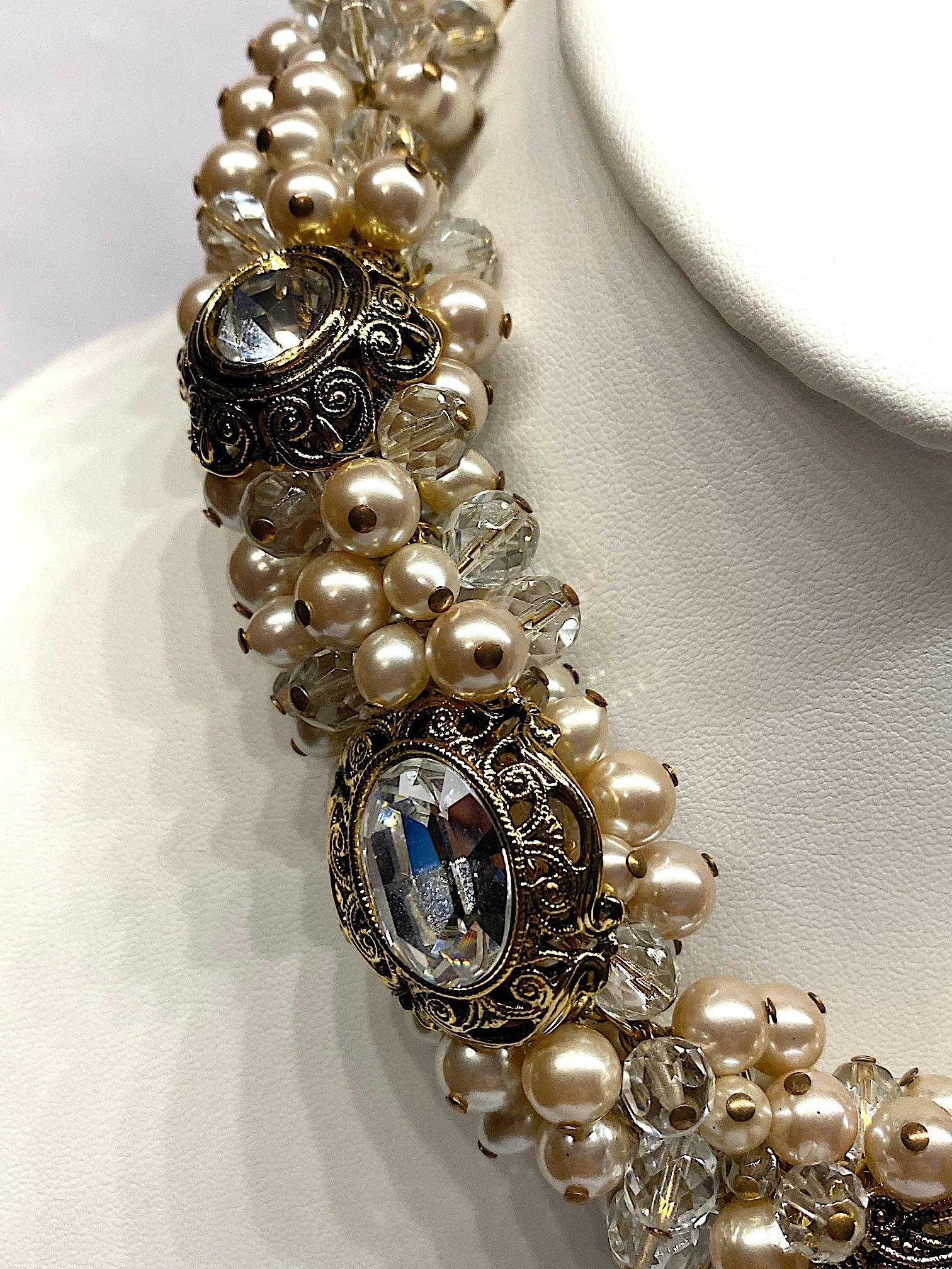 Gianni De Liguoro Crystal, Pearl bead and Rhinestone 1980s Necklace 1