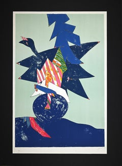 Blaue Kompositionen – 2er-Set Lithografien von Gianni Dova – 1970er Jahre