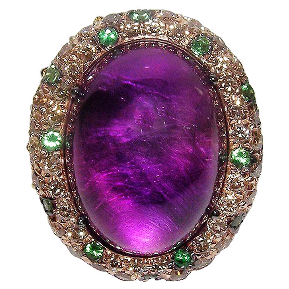 Gianni Lazzaro 23.81 Amethyst Tsavorite Black Brown Diamonds Pink 18K Gold Ring For Sale