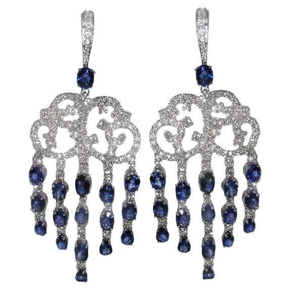 Gianni Lazzaro Blue Sapphire Chandelier Diamond White 18K Gold Earrings for Her For Sale