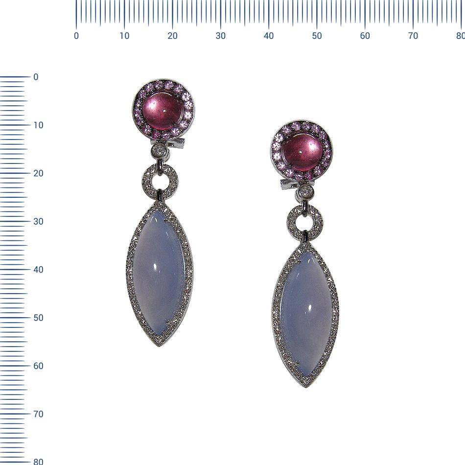 Earrings  White Gold 18 K Gianni Lazzaro 

Diamonds 90-1,01 ct HSI
Rose Sapphire 32-1,11ct., 
Tourmaline - Cabochone 2-4,48 ct
Chalcedony - Cabochone 2-24,22 ct
Weight 23,40 gram

With a heritage of ancient fine Swiss jewelry traditions, NATKINA is