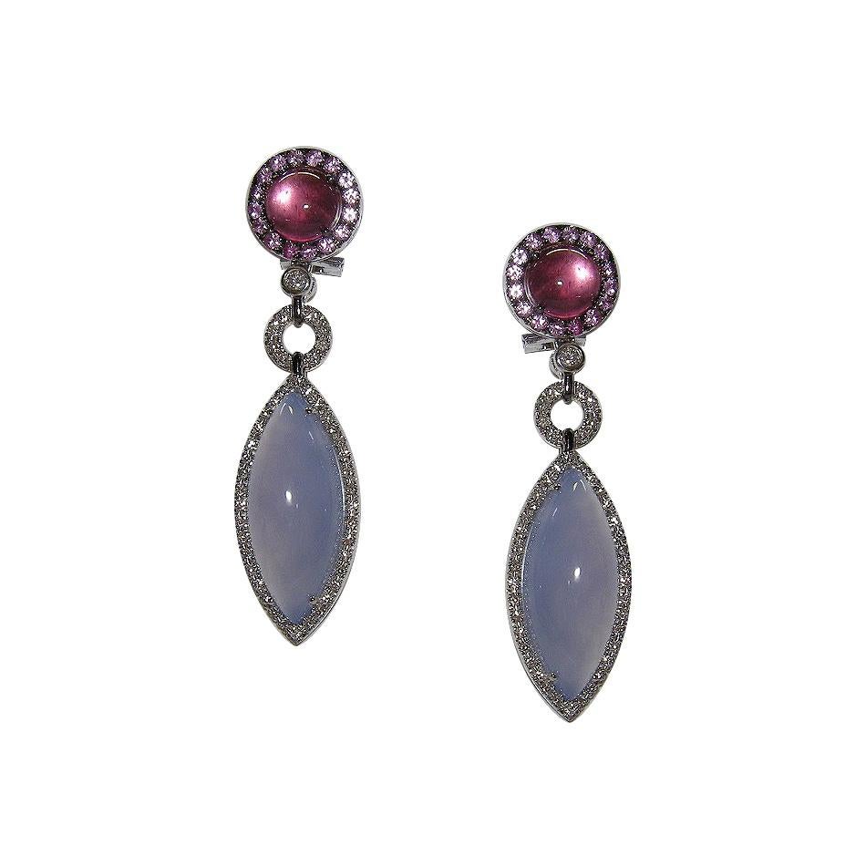 Modern Gianni Lazzaro Chalcedony Rose Sapphire Tourmaline Diamonds White Gold Earrings For Sale