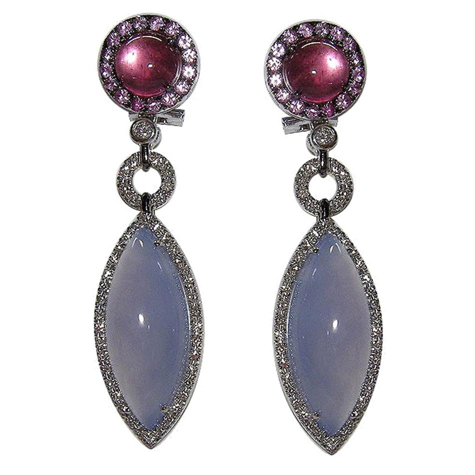 Gianni Lazzaro Chalcedony Rose Sapphire Tourmaline Diamonds White Gold Earrings For Sale