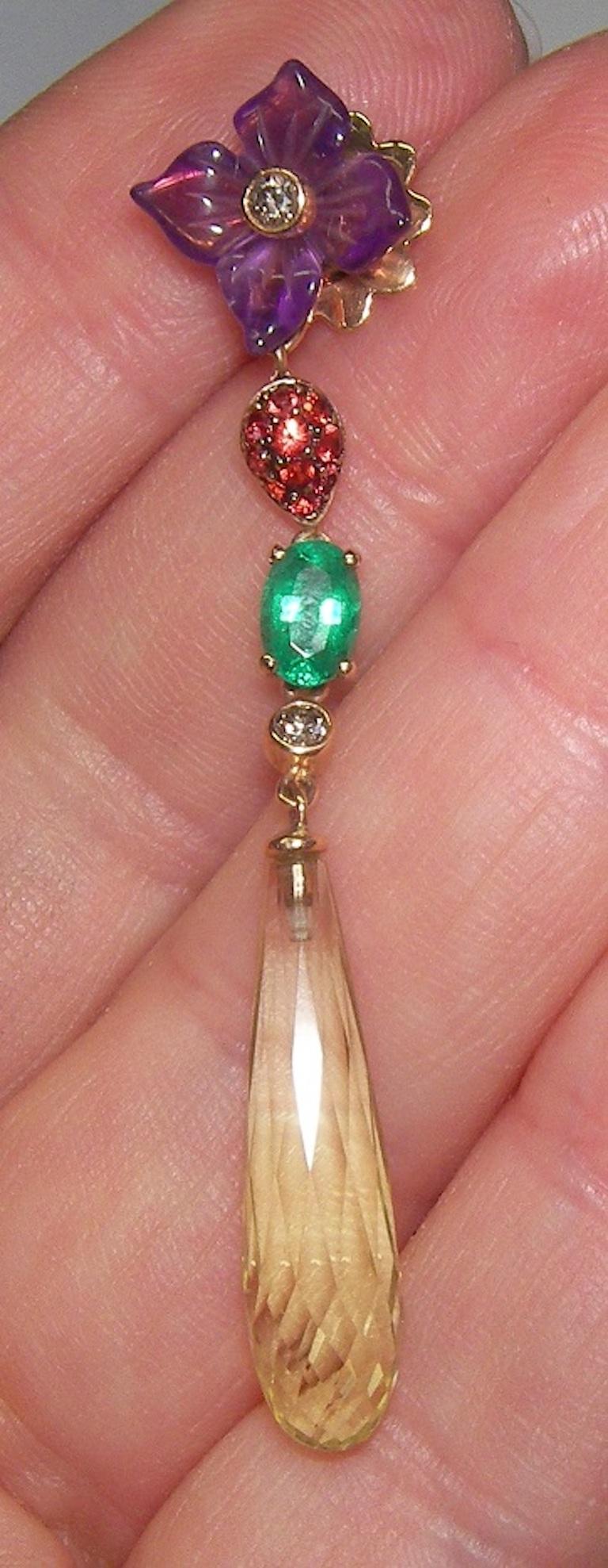 Modern Gianni Lazzaro Emerald Sapphire Amethyst Diamonds Citrine 18K Pink Gold Earrings For Sale