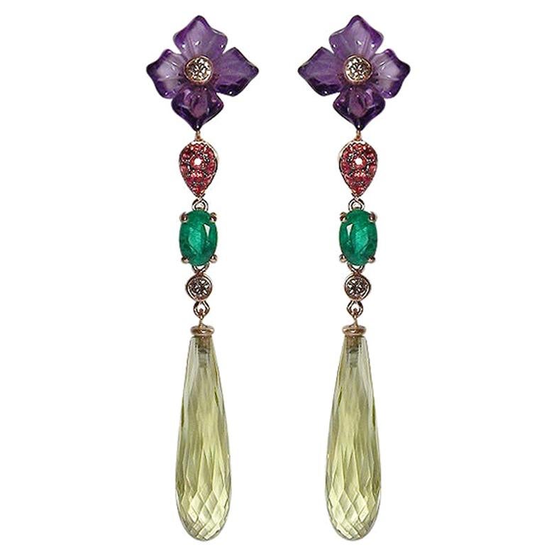 Gianni Lazzaro Emerald Sapphire Amethyst Diamonds Citrine 18K Pink Gold Earrings