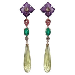 Gianni Lazzaro Boucles d'oreilles en or rose 18 carats avec émeraudes, saphirs, améthystes, diamants et citrine