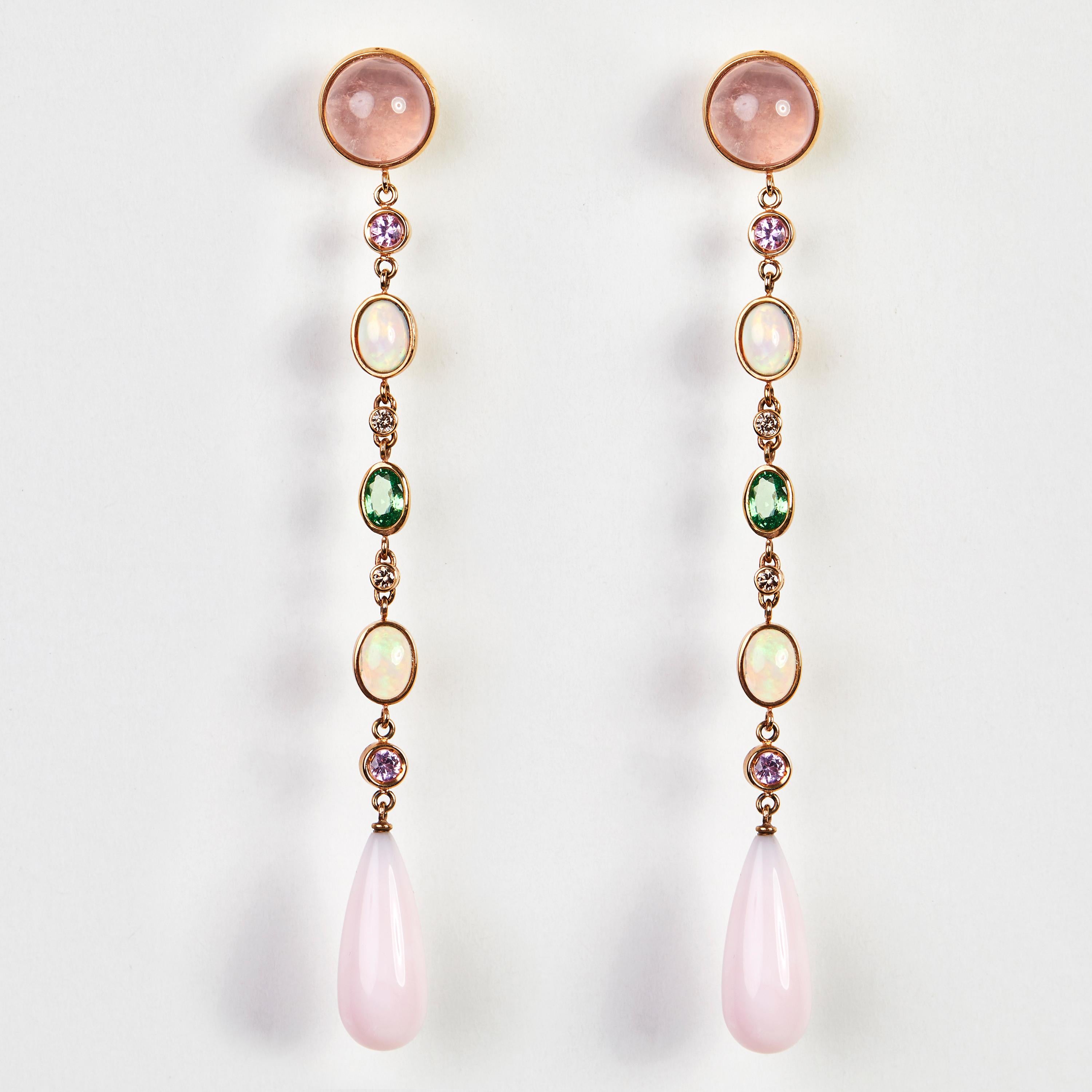 Earrings Rose Gold 18 K Gianni Lazzaro (Matching Rind Available)

Diamonds 4-0,20 ct HSI 
Pink Quartz 2-8,27 ct
Opale 4-2,39 ct
Green Carnet 2- 1 ct
Rose Sapphire 4-0,56 ct
Rose Opal 2-17,26 ct.

With a heritage of ancient fine Swiss jewelry