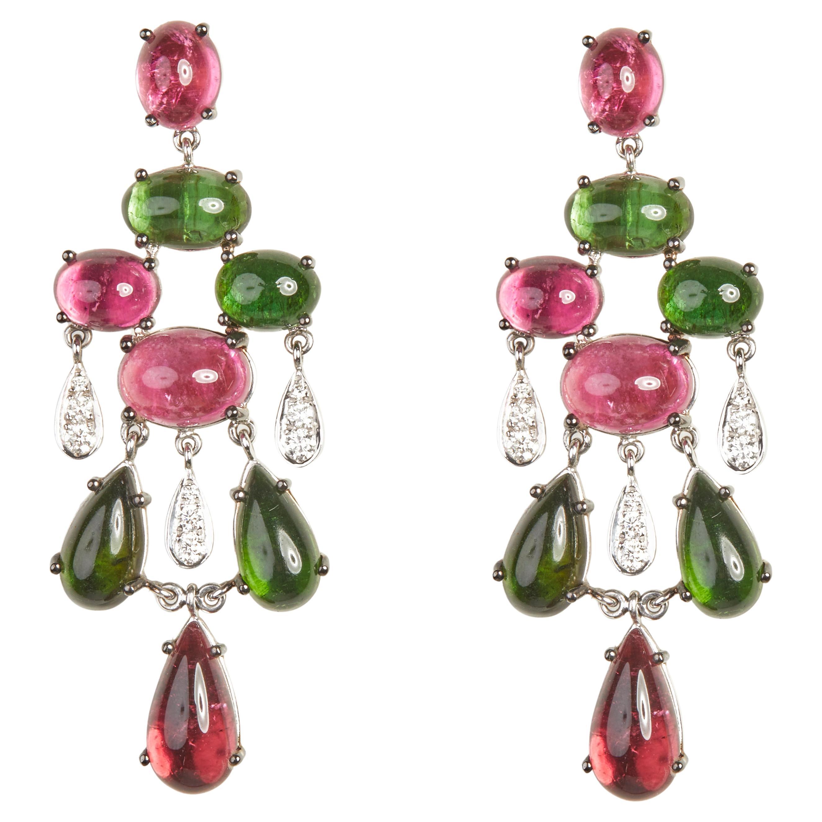 Gianni Lazzaro Green and Cherry Tourmaline 18K Gold Diamond Earrings for Her For Sale