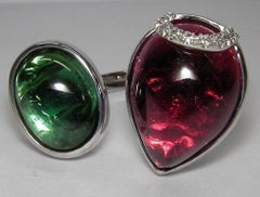 Gianni Lazzaro Green and Cherry Cabochon Tourmaline White 18K Gold Diamond Ring