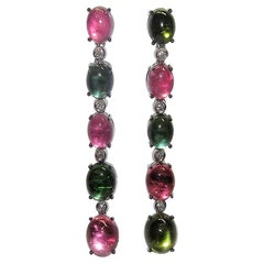 Gianni Lazzaro Boucles d'oreilles en or blanc 18 carats avec tourmaline cabochone verte rose et diamants