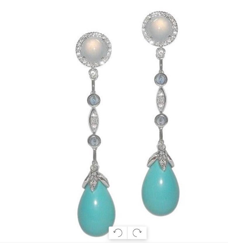 Earrings White Gold 18 K Gianni Lazzaro 

Diamonds 40-0,38 ct HSI 
Blue Sapphire 8-3,31ct. 
Turquoise  2-40 ct.,
Sapphire 4-1,26ct.,
Chalcedony 2-5,71ct.

With a heritage of ancient fine Swiss jewelry traditions, NATKINA is a Geneva-based jewelry