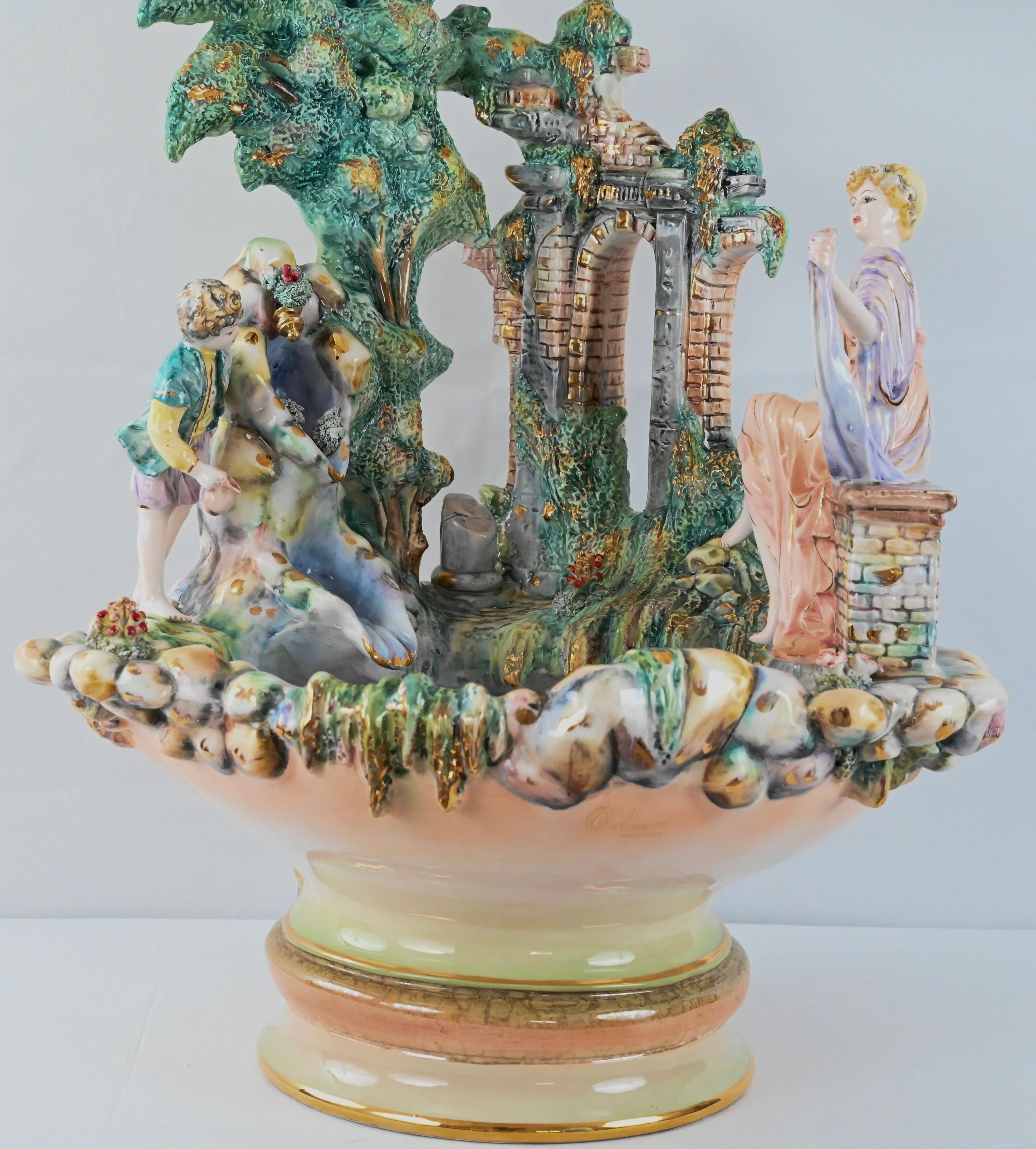 Hand-Crafted Gianni Lorenzon Italian Porcelain Illuminated Water Fountain Light or Bird Bath For Sale