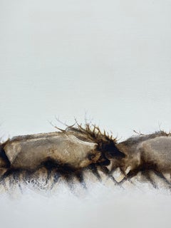 Painting on board with a heard of reindeer that runs on a white background