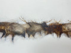 Running herd of reindeer painting on board. Nordic style