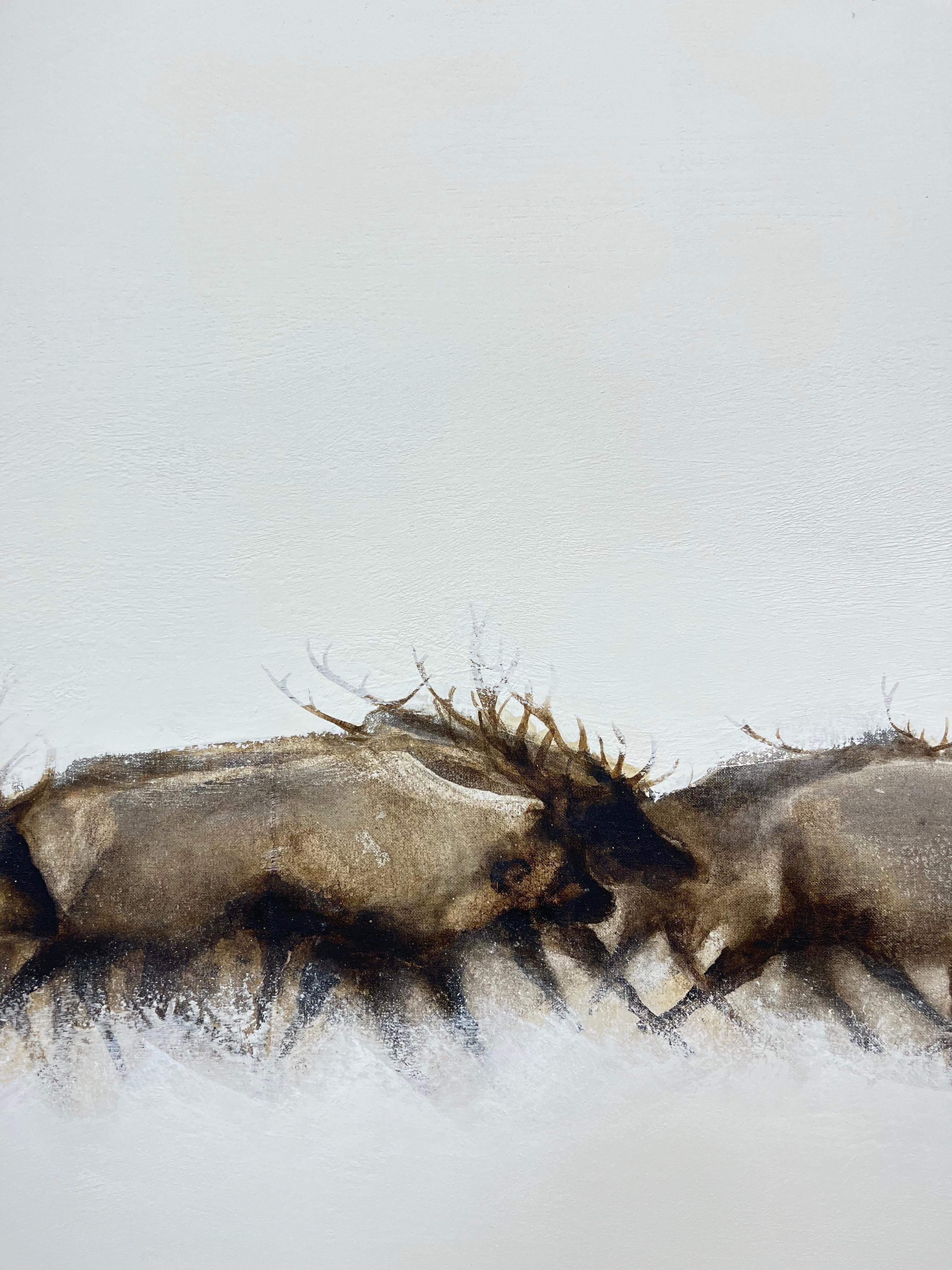 Quadro su tavola con branco di renne in corsa. Stile nordico - Animal Painting Gray di Gianni Lucchesi