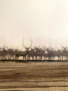 Herd of Standing Deer: Nordic-style painting with bitumen on canvas