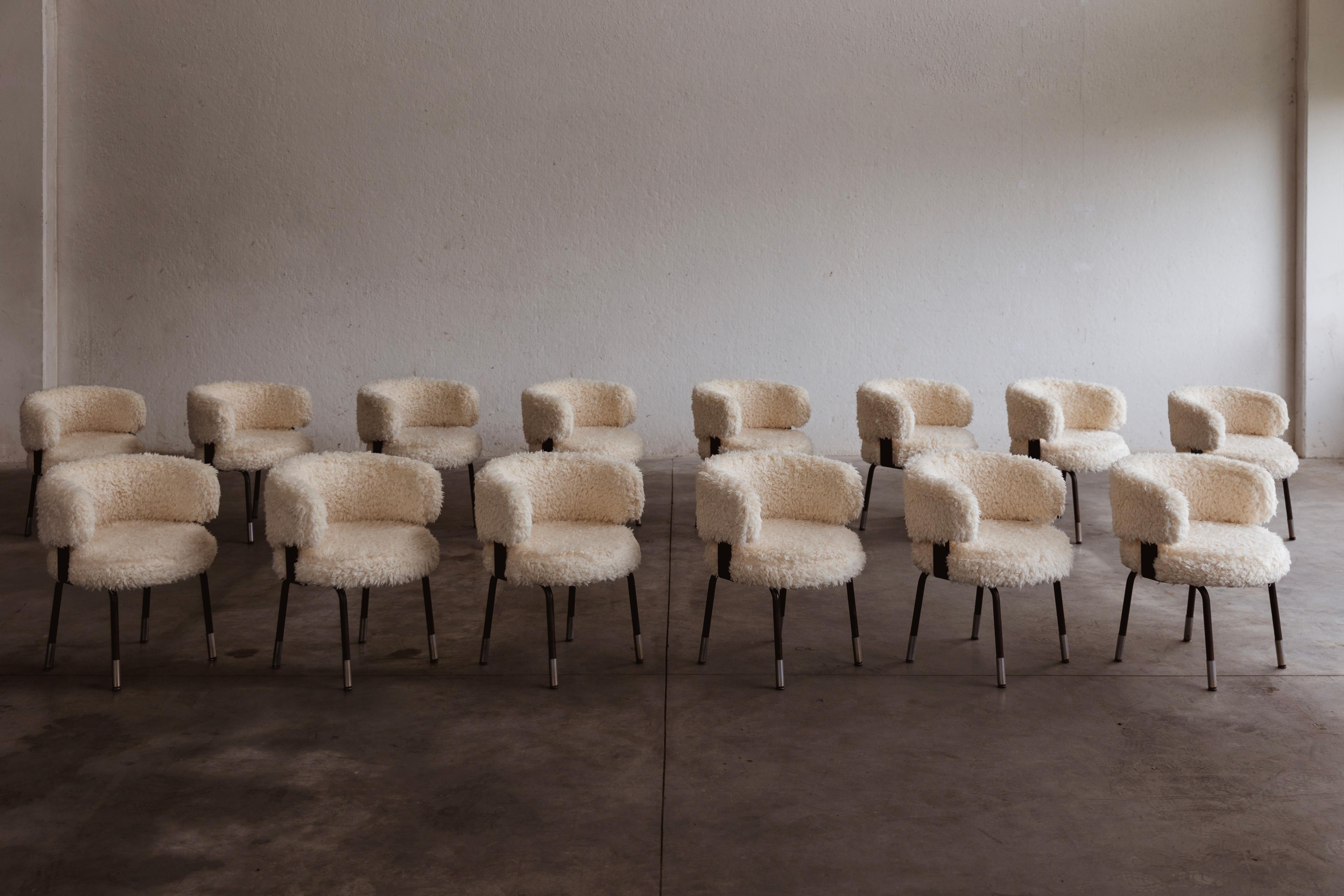 Gianni Moscatelli dining chairs for Formanova, faux-fur and iron, Italy, 1968, set of fourteen.

These chairs represent timeless items designed by Gianni Moscatelli for Formanova in the 1960's. Its design features pure and functional lines, enhanced