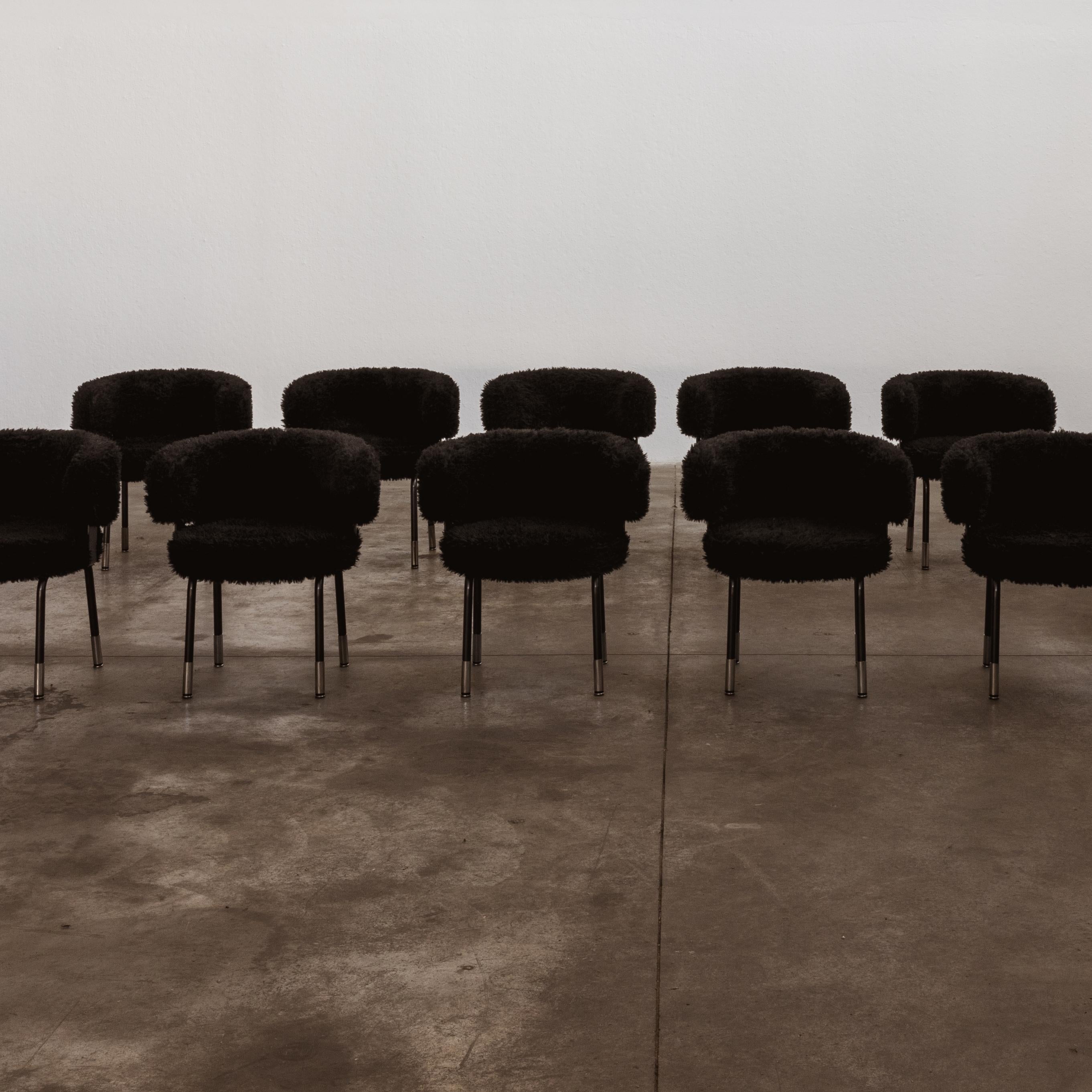 Faux Fur Gianni Moscatelli Dining Chairs for Formanova, Black, 1968, Set of 10 For Sale