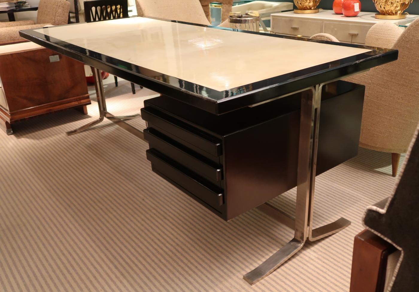 Italian Gianni Moscatelli for Formanova Steel, Parchment and Wood Midcentury Desk, 1960 For Sale
