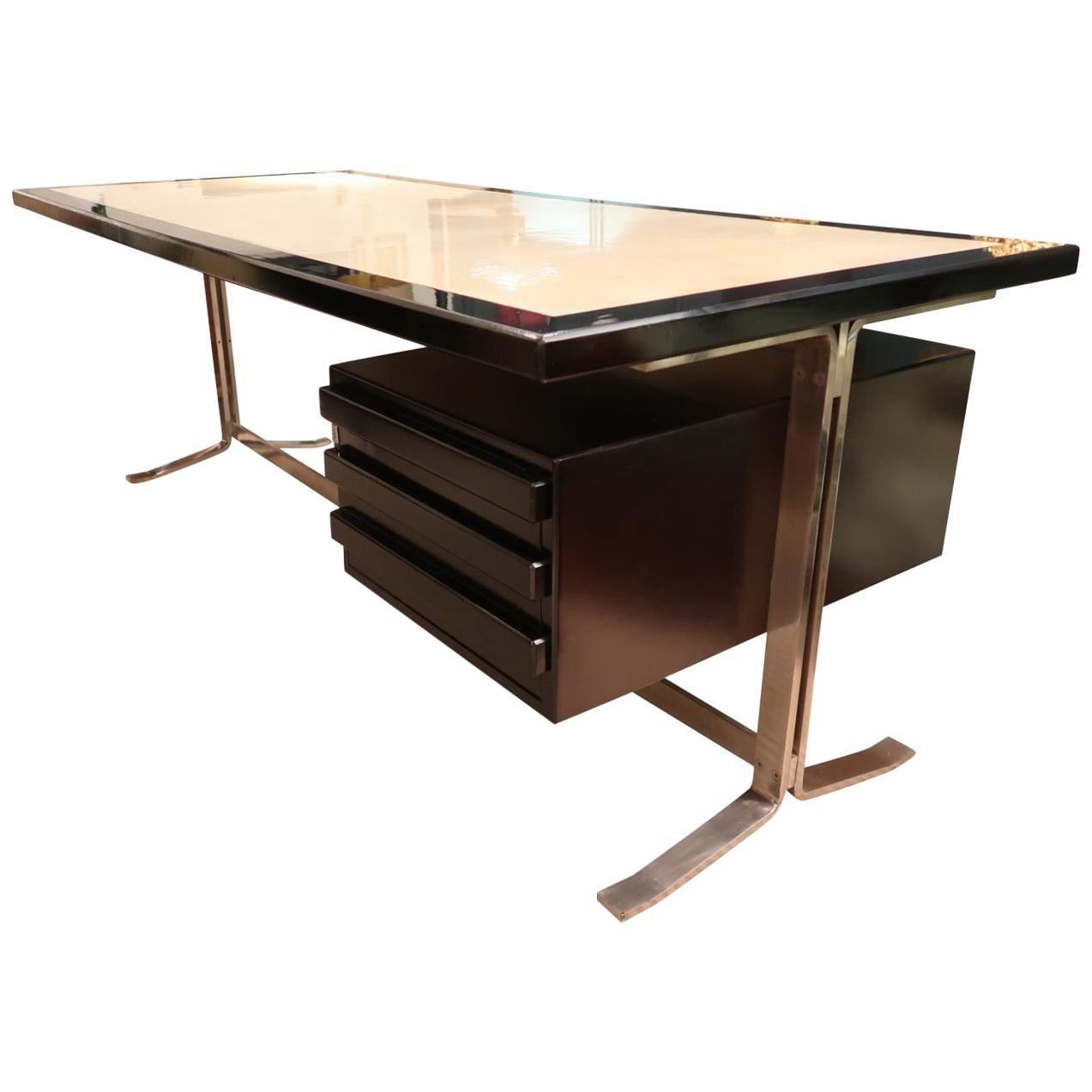 Gianni Moscatelli for Formanova Steel, Parchment and Wood Midcentury Desk, 1960 For Sale
