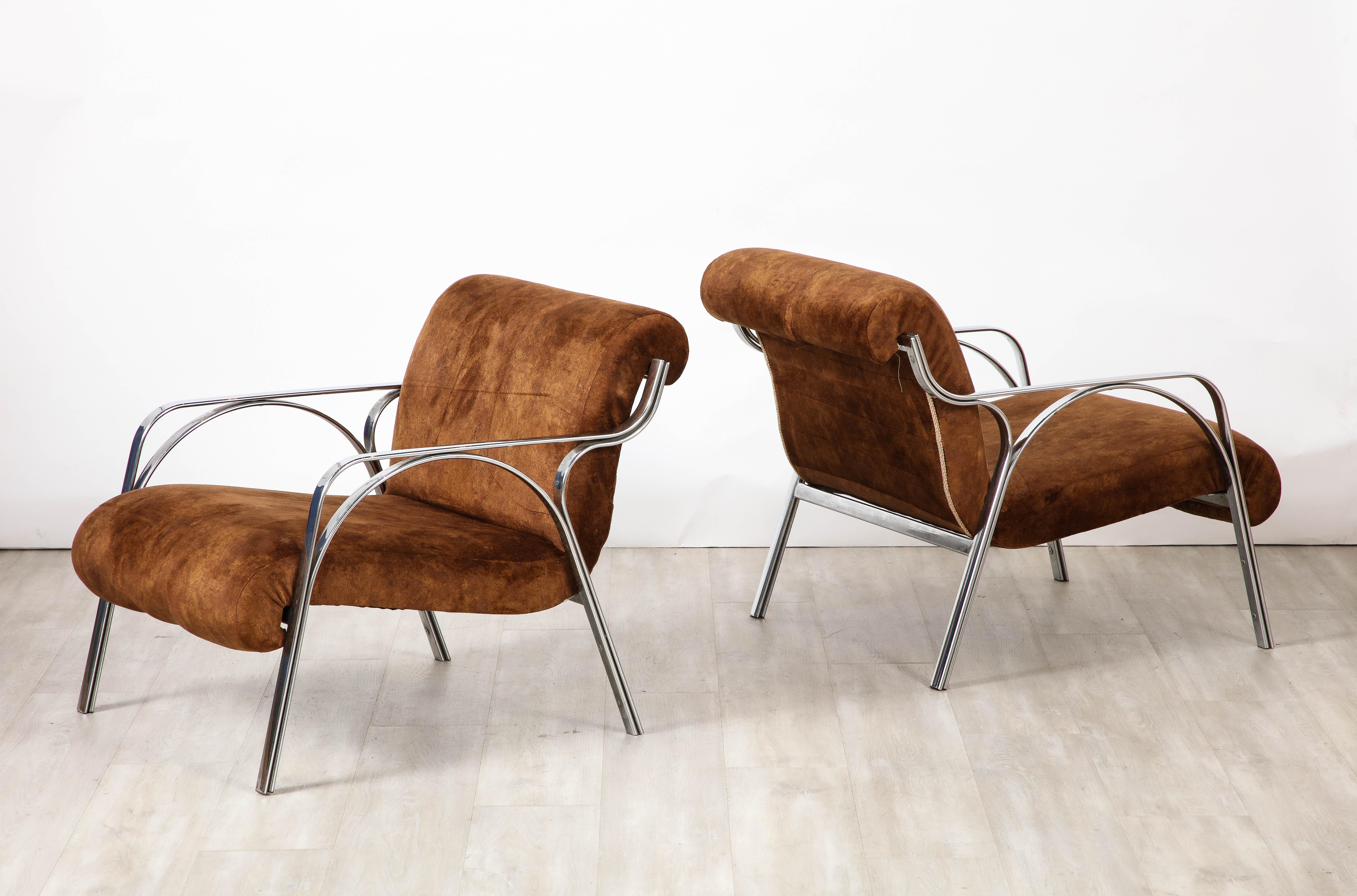 Gianni Moscatelli Pair of Chrome Lounge Chairs, Italy, circa 1970  For Sale 4