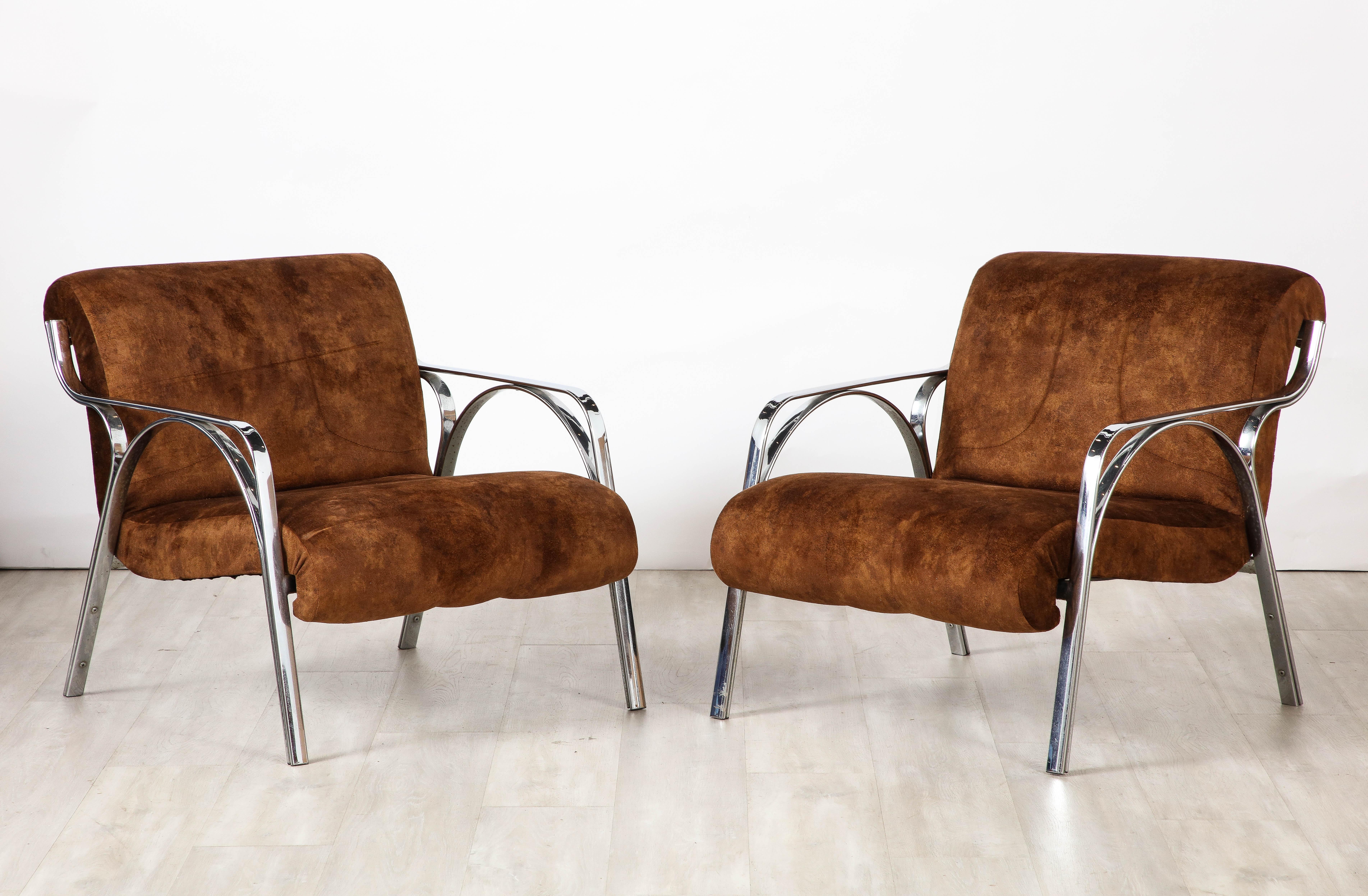 Modern Gianni Moscatelli Pair of Chrome Lounge Chairs, Italy, circa 1970  For Sale