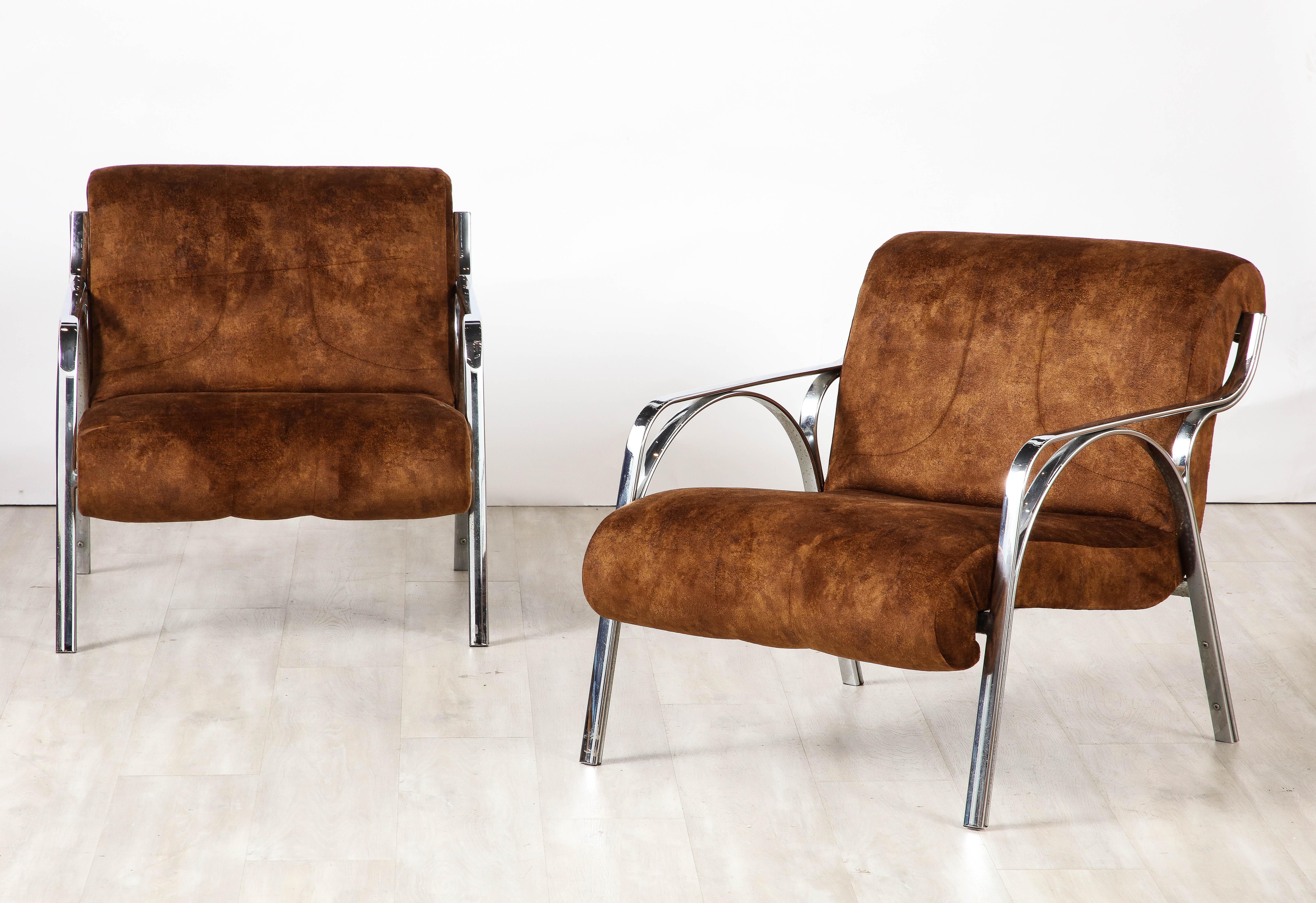Italian Gianni Moscatelli Pair of Chrome Lounge Chairs, Italy, circa 1970  For Sale